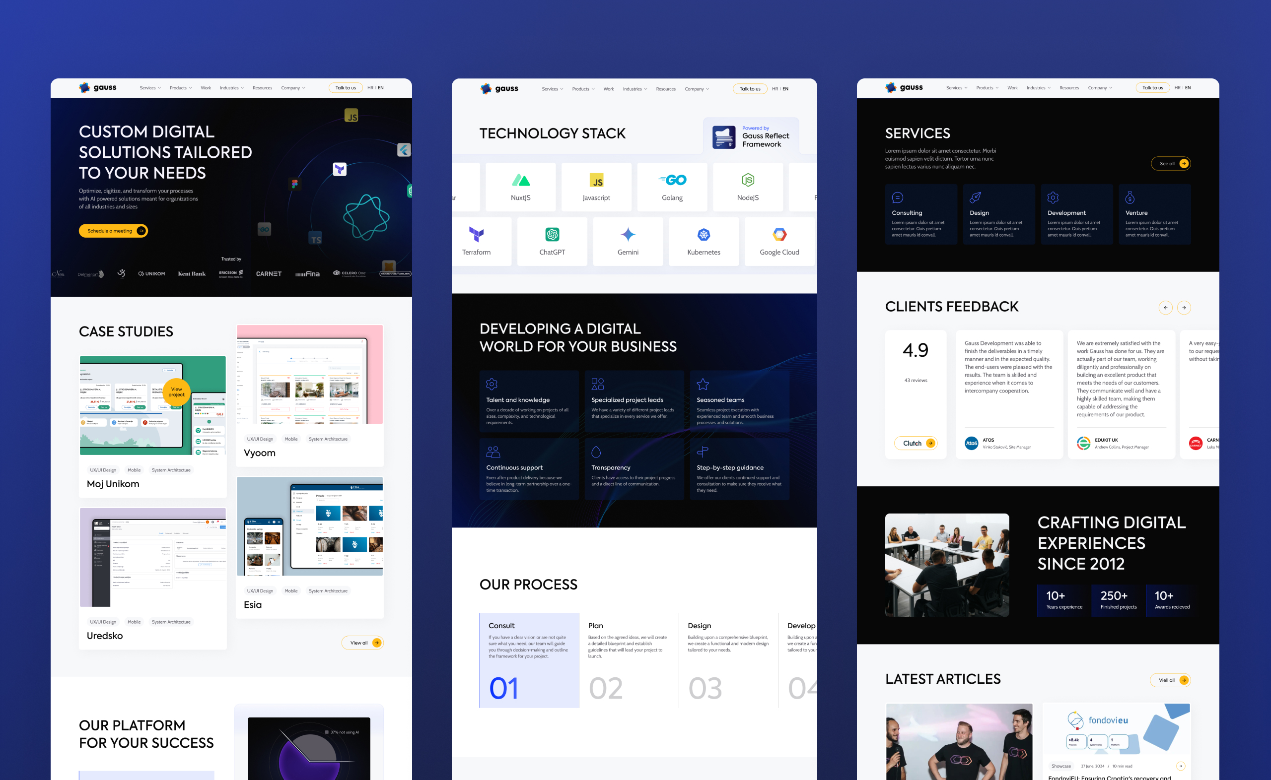 Three full-length Gauss desktop page designs covering case studies, the technology stack and client feedback