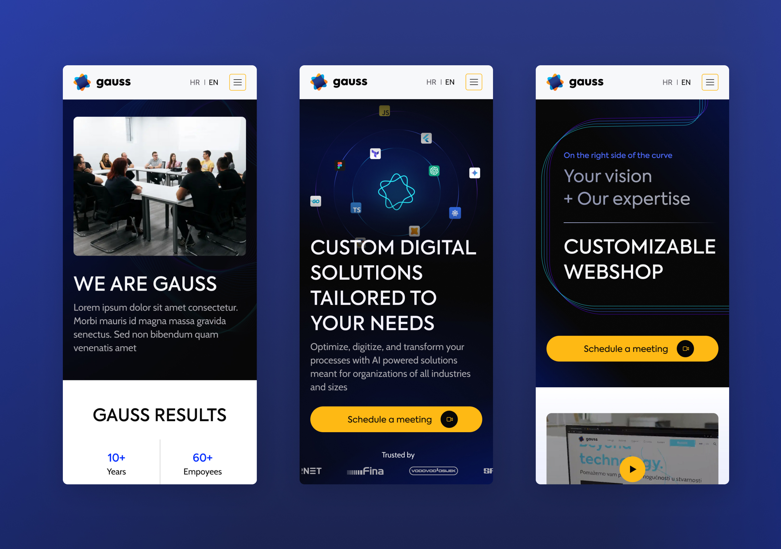 Three Gauss mobile screen designs showing the about section, solutions hero and webshop hero on a blue background