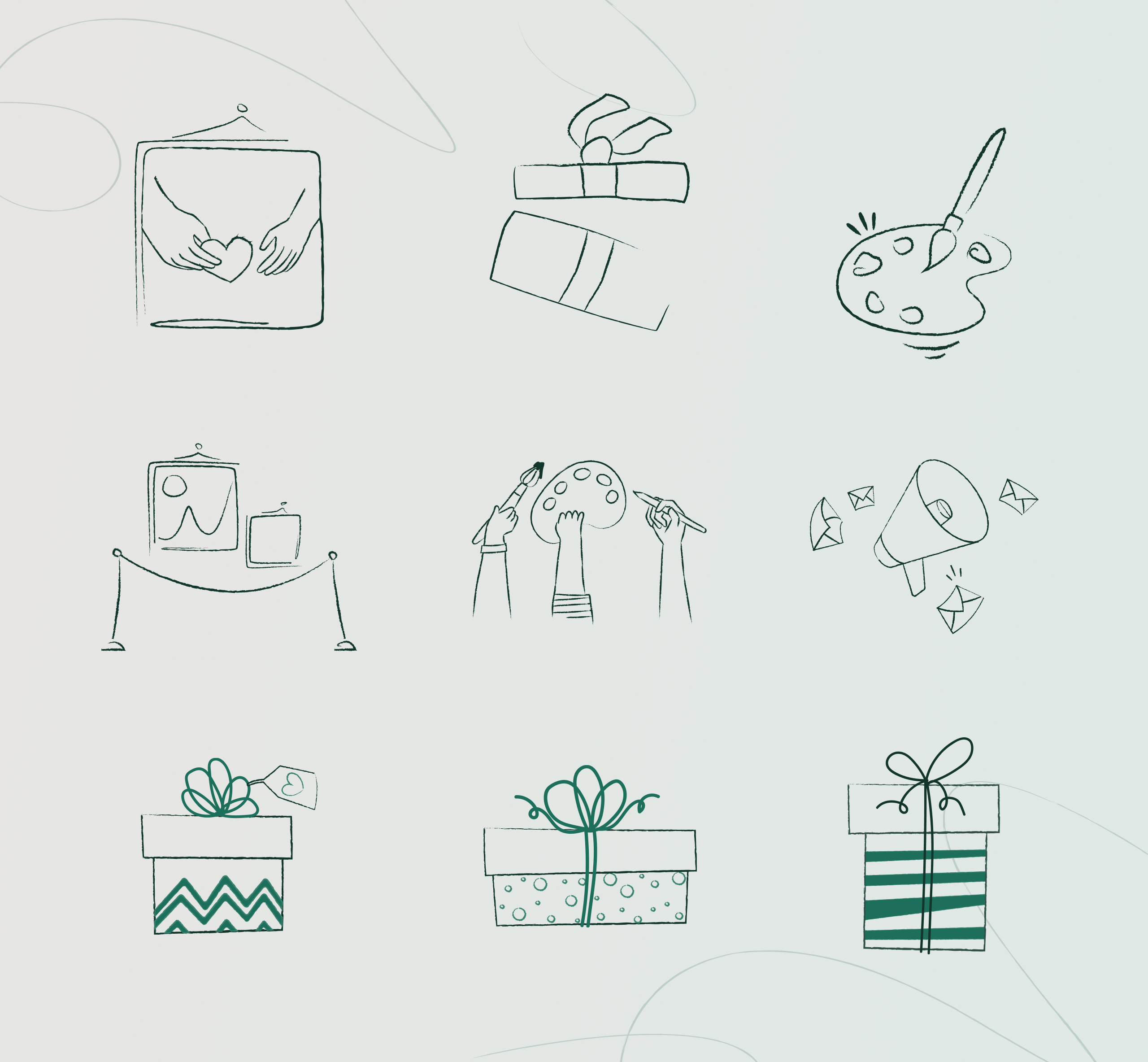 Nine hand-drawn I Can illustrations of framed artwork, gift boxes, a paint palette, raised hands and a megaphone
