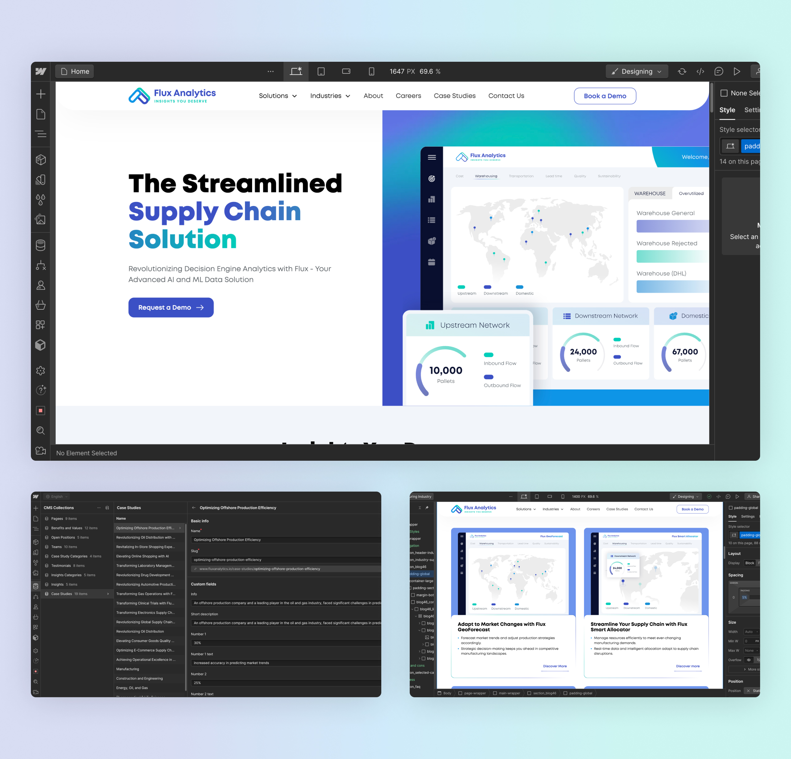 Flux Analytics homepage open on the Webflow Designer canvas with the left toolbar and Style panel visible