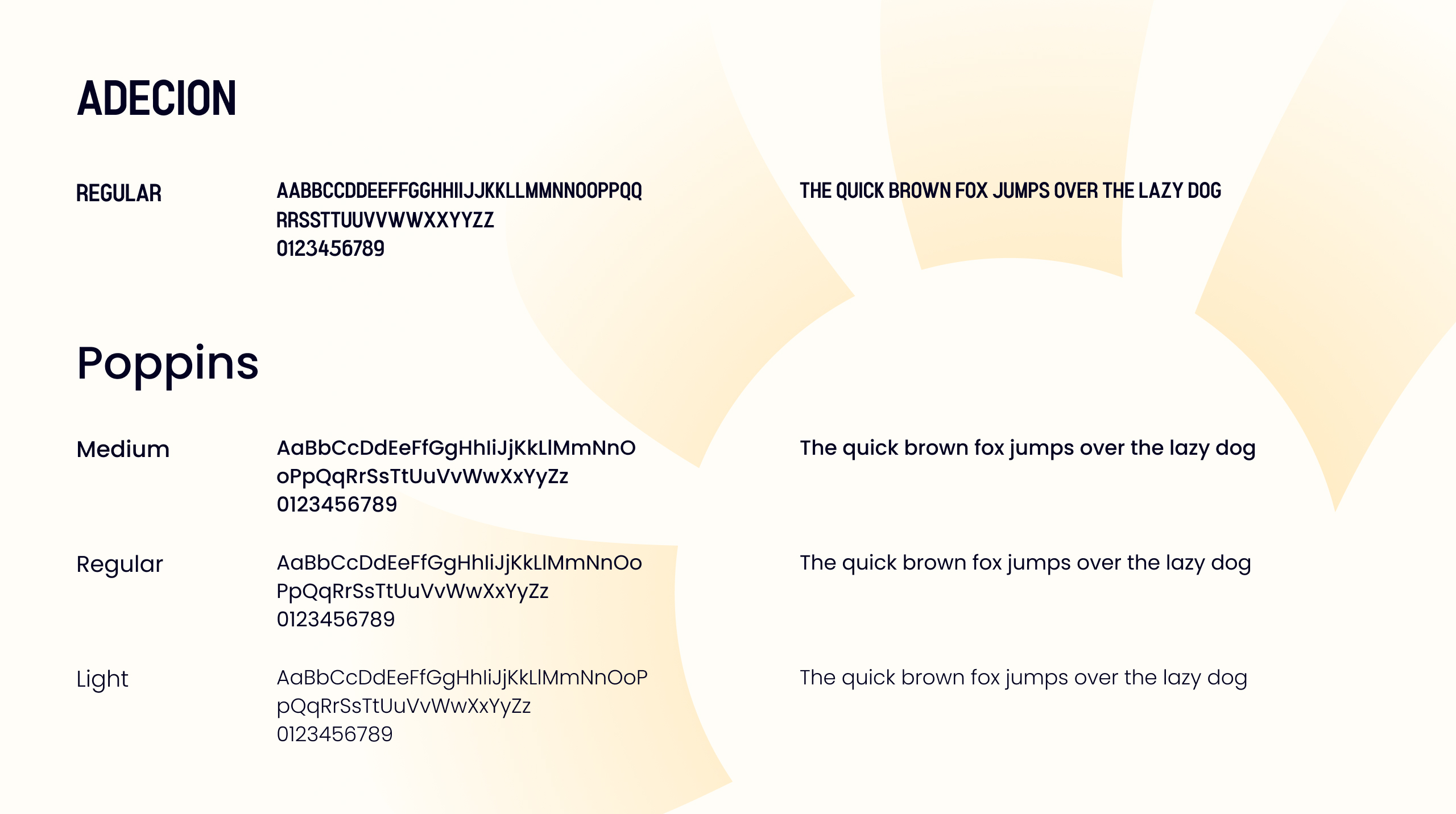 Sadina typography sheet showing the Adecion and Poppins typefaces in medium, regular and light weights