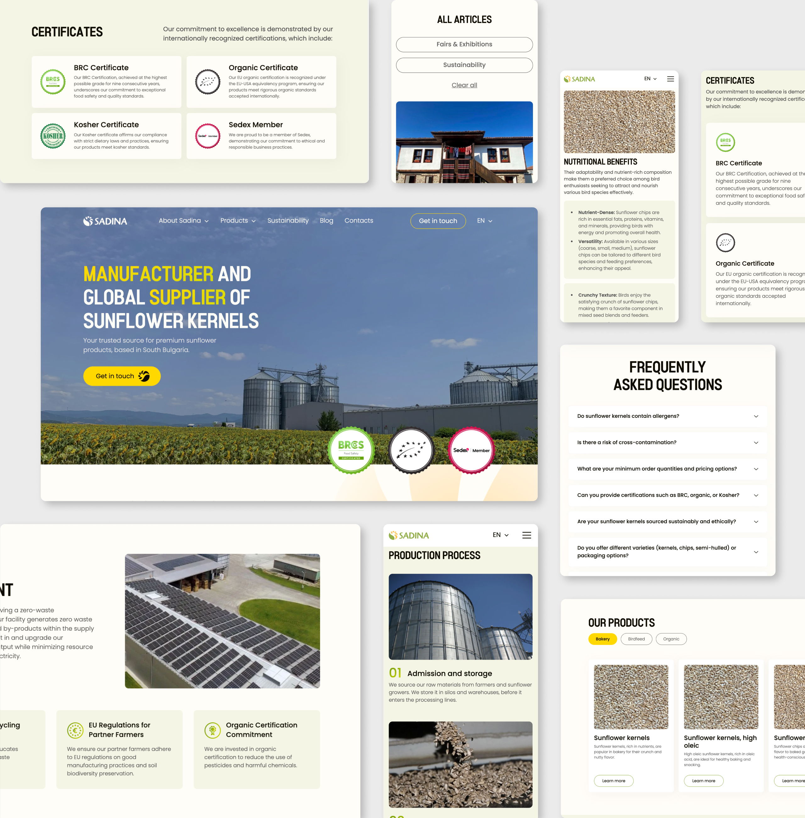 Sadina desktop and mobile screens covering certificates, the homepage hero, FAQ accordion and production process