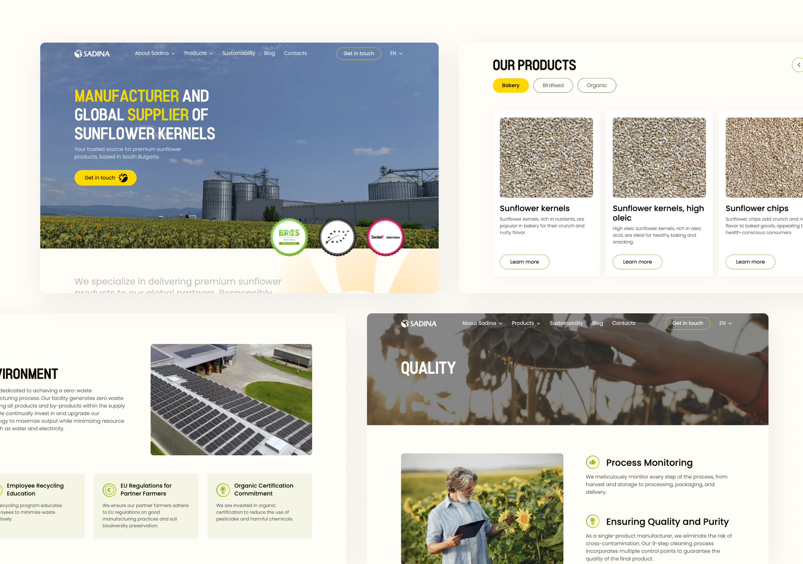 Four Sadina desktop page designs including the hero, product carousel, environment section and Quality page