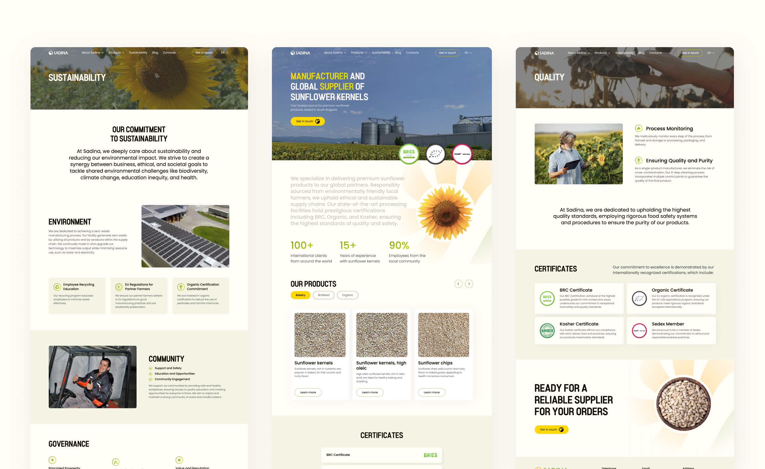 Three full-length Sadina page designs side by side, covering Sustainability, the homepage and Quality