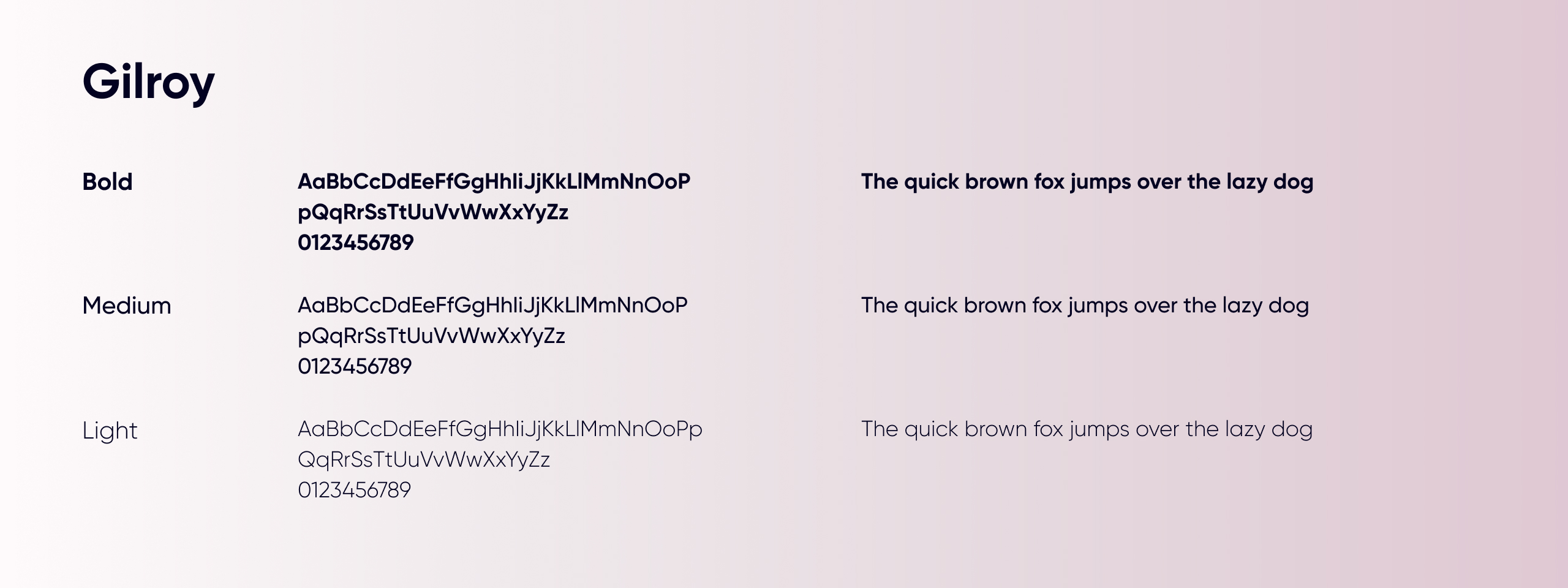 One of 8 typography sheet showing the Gilroy typeface in bold, medium and light on a soft pink gradient