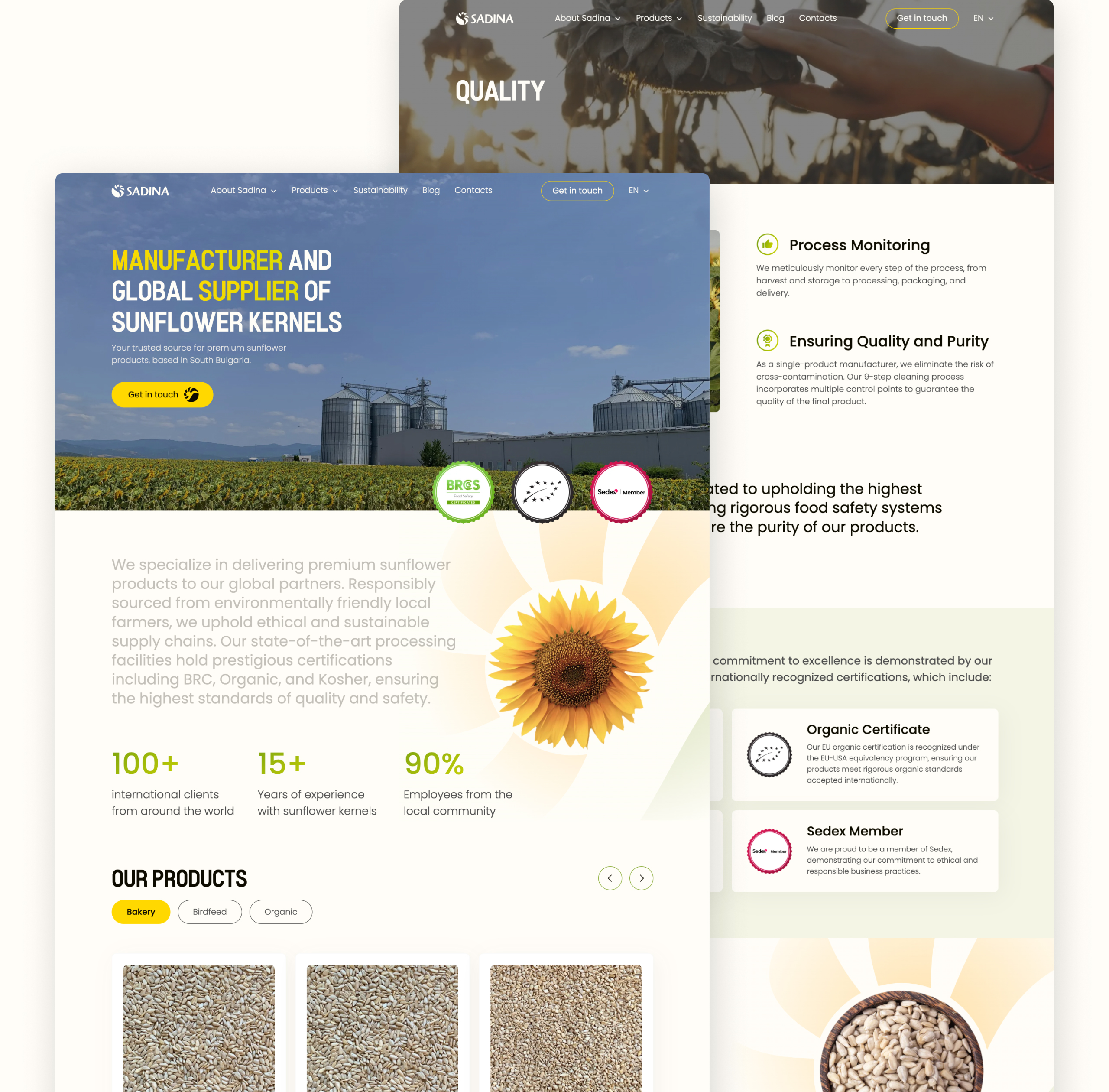 Sadina homepage and Quality page designs overlapping, with sunflower field hero, stats and product cards