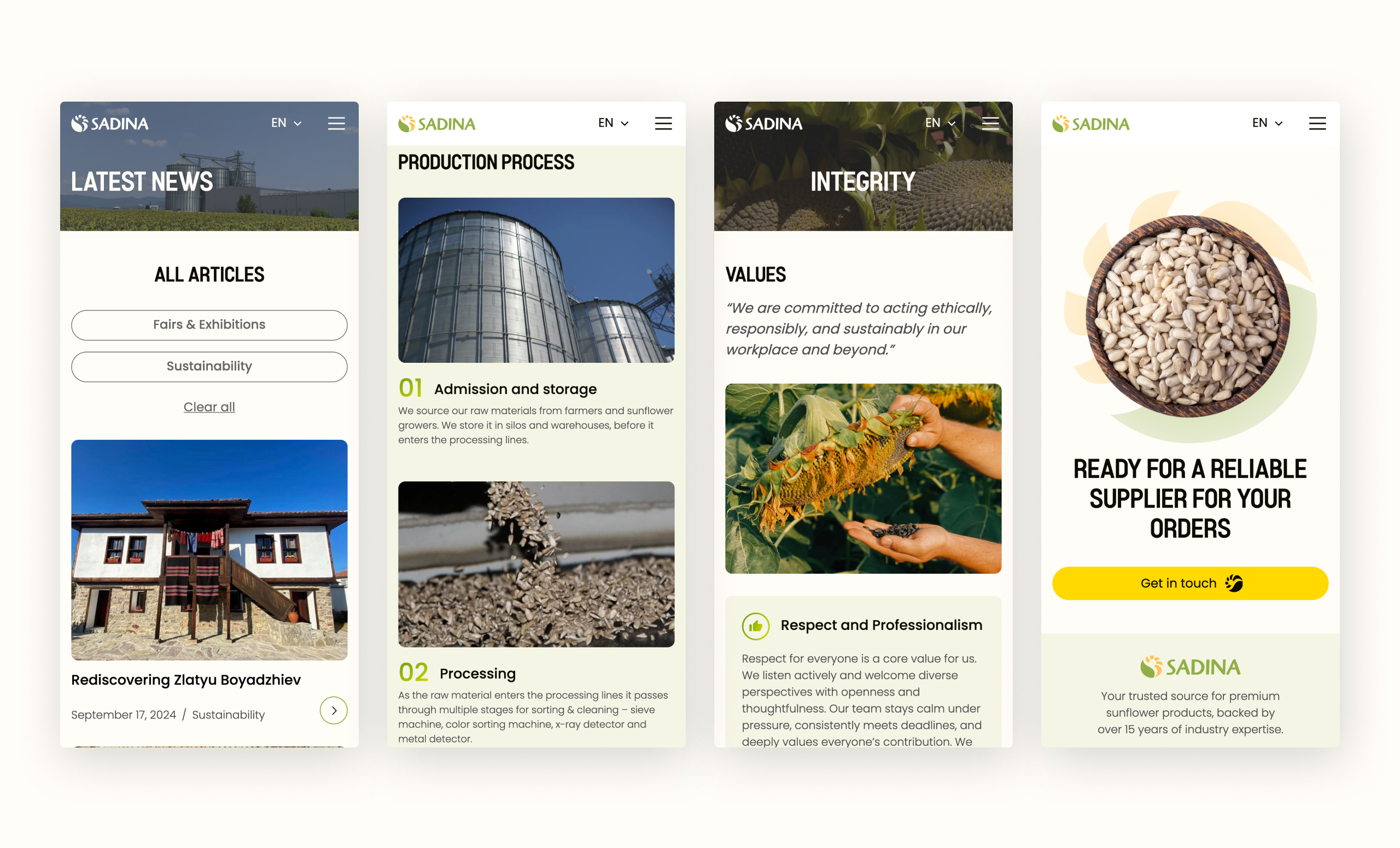 Four Sadina mobile screens showing latest news, production process, integrity values and the closing call to action