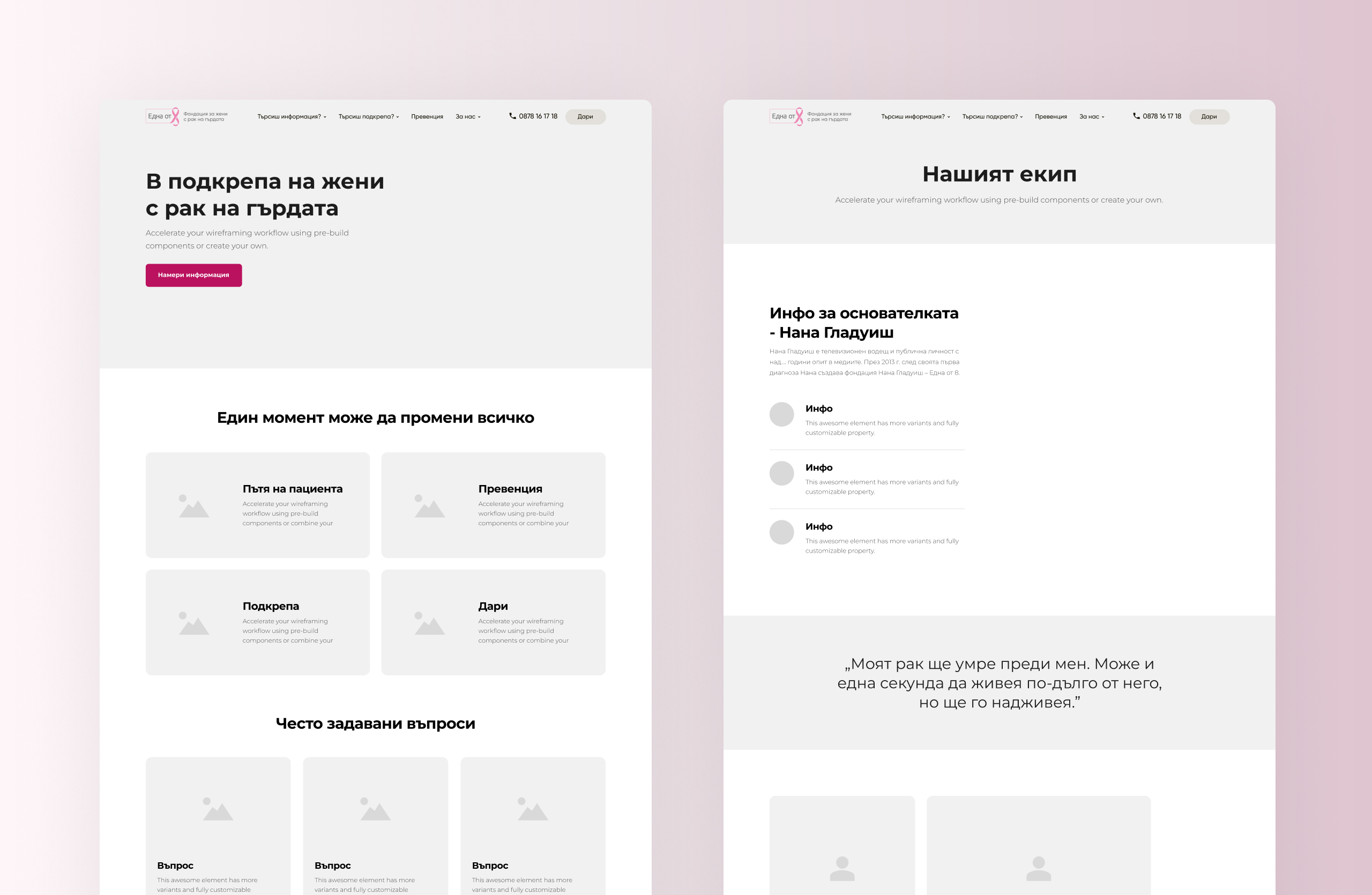 Two One of 8 wireframes, the homepage with support cards and FAQs and the team page with founder info