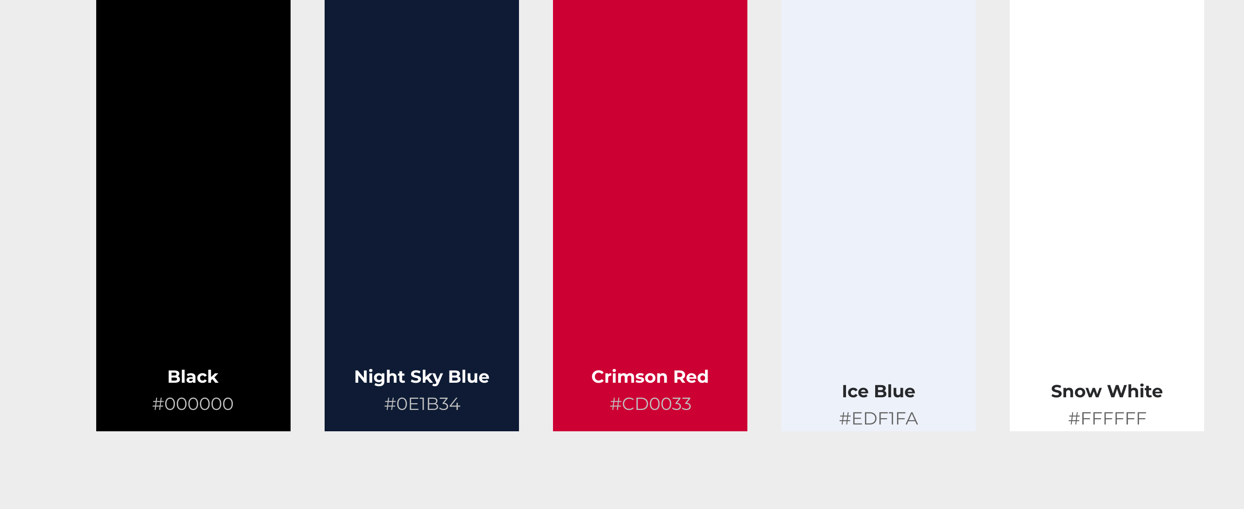 Skiholiday colour palette of five swatches named black, night sky blue, crimson red, ice blue and snow white with hex values