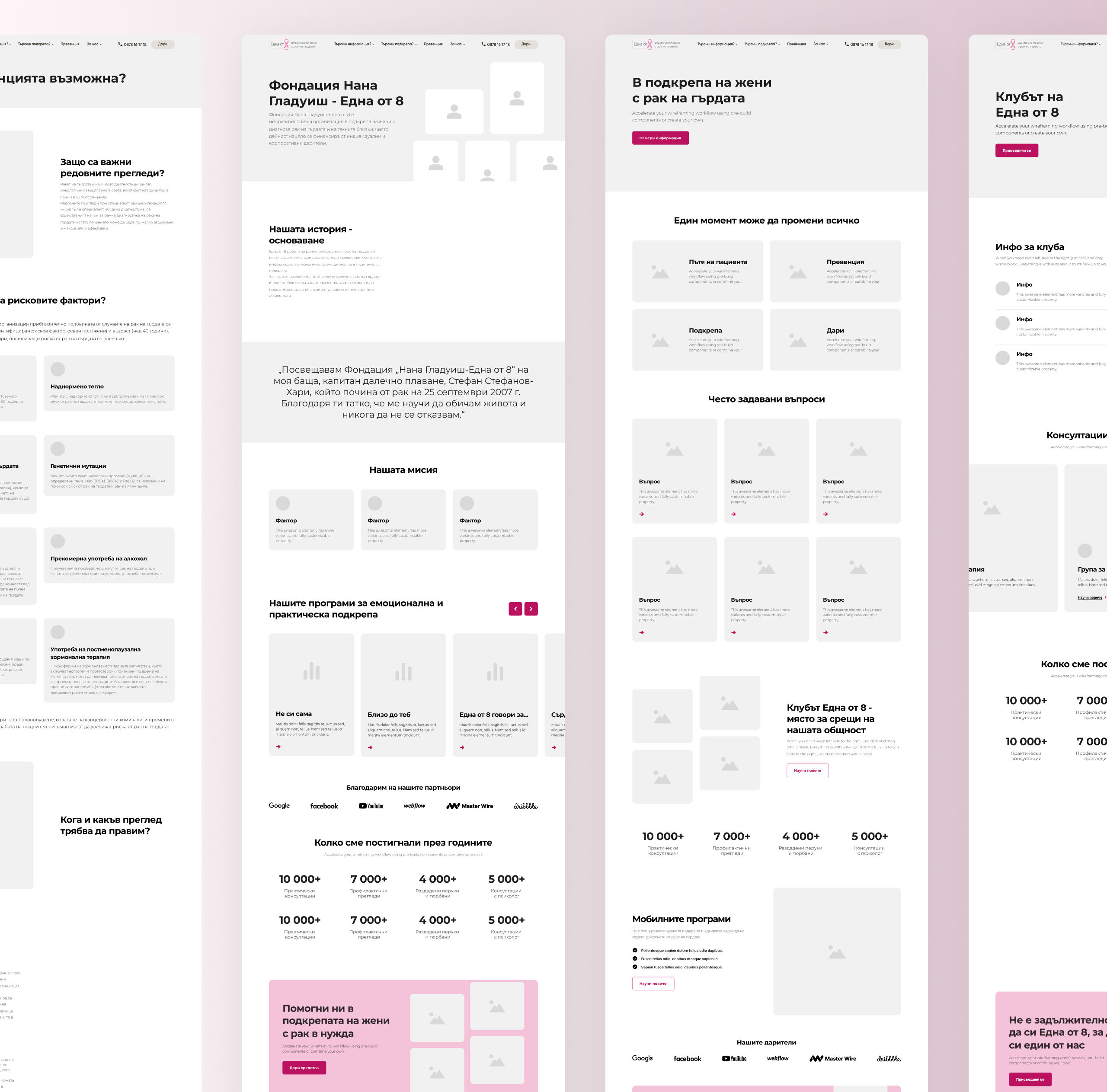 Grey-box wireframes of four One of 8 pages including the foundation story, support programmes and FAQ
