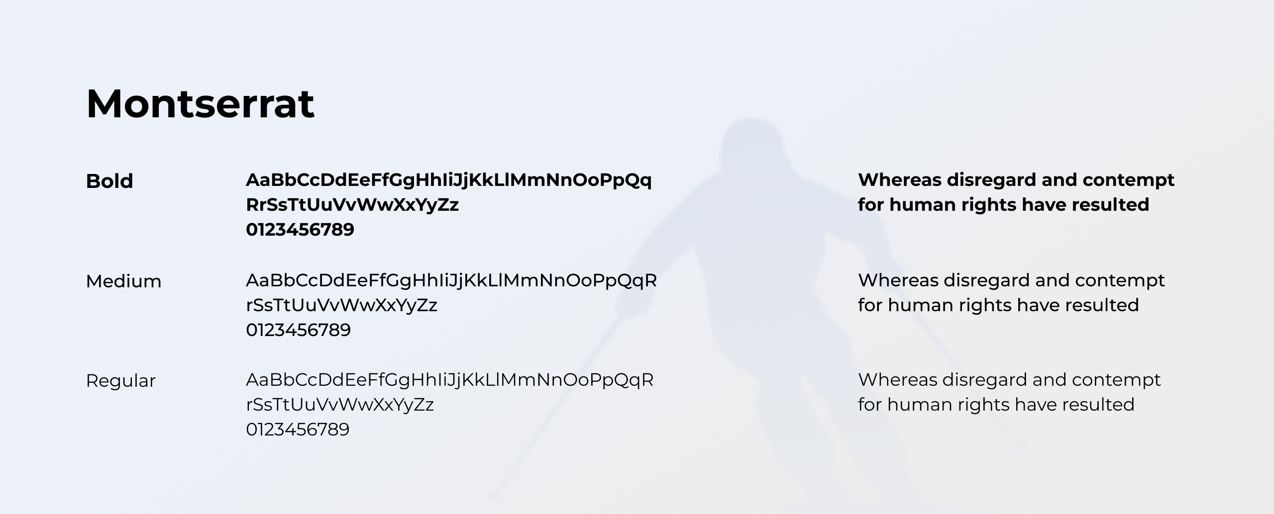 Skiholiday typography sheet showing Montserrat in bold, medium and regular over a faint skier silhouette