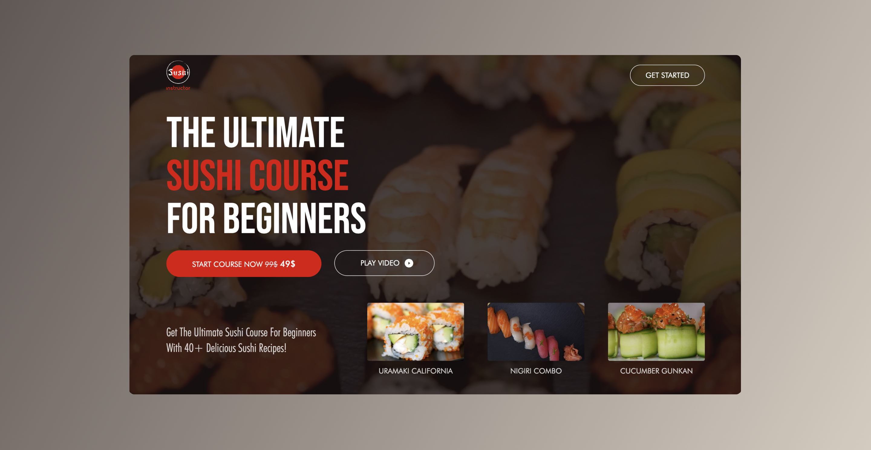 Screenshot of the hero section of Sushi Instructor's website - on desktop and mobile