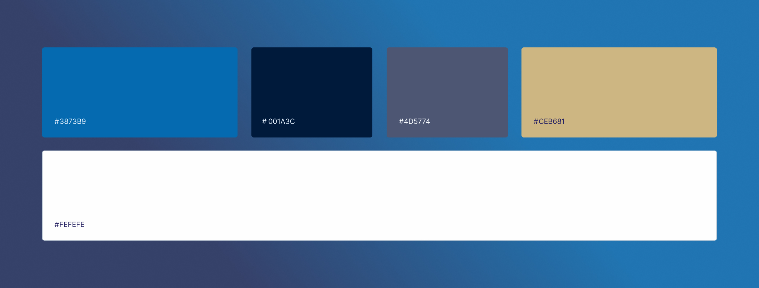 CreditMall brand colour palette with five swatches in blue, navy, slate, gold and white labelled with hex values
