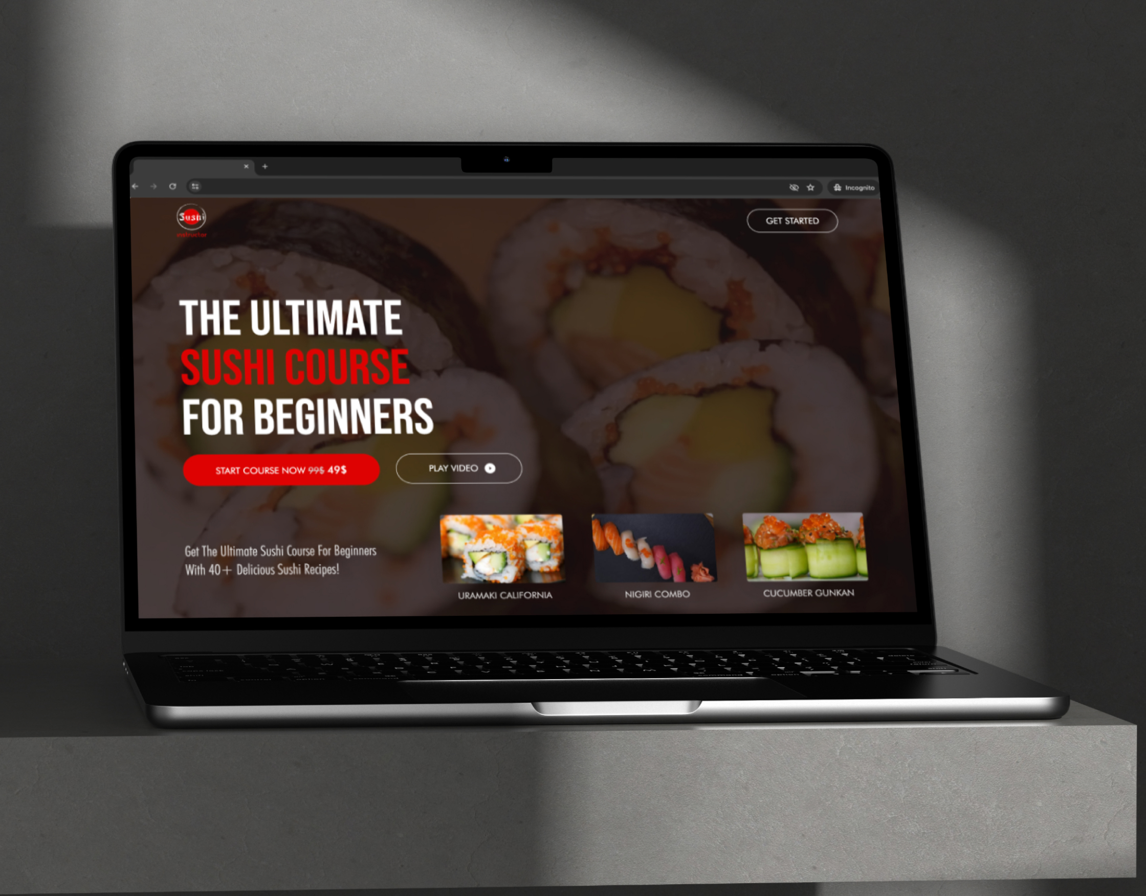 Sushi Instructor course landing page on a laptop mockup, with a sushi roll hero and pricing call to action