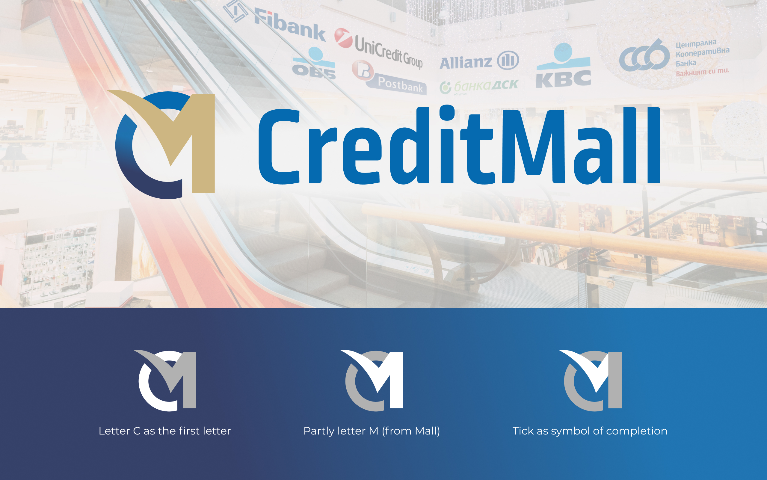 CreditMall logo over a shopping mall photo, with three diagrams explaining the C, M and tick in the monogram