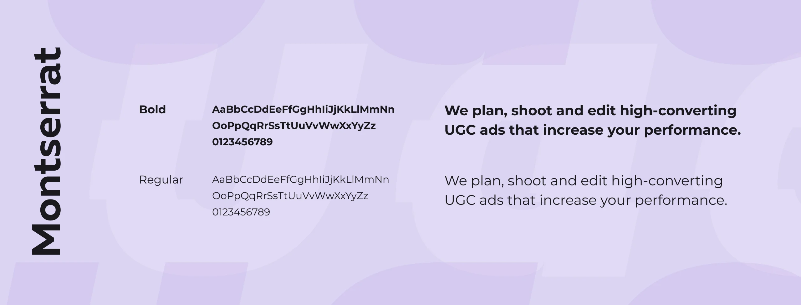 UGC Masters typography sheet showing Montserrat bold and regular character sets with sample marketing sentences