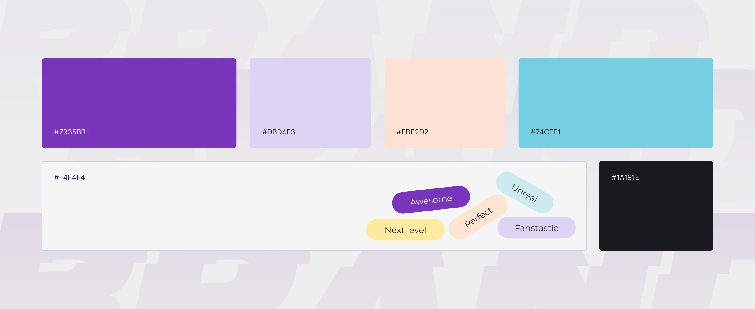 UGC Masters colour palette with purple, lilac, peach, cyan and black swatches labelled by hex value, plus word pills