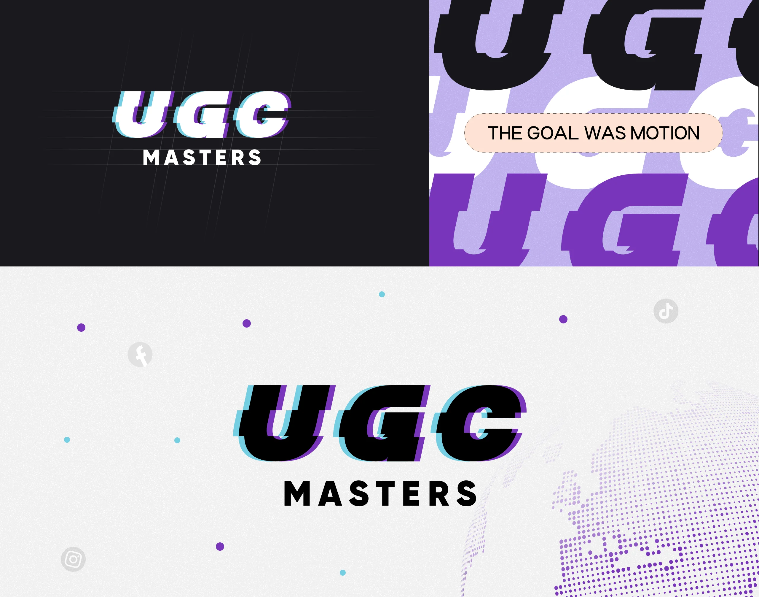 UGC Masters logo shown on dark, patterned and light backgrounds alongside social icons and a halftone globe