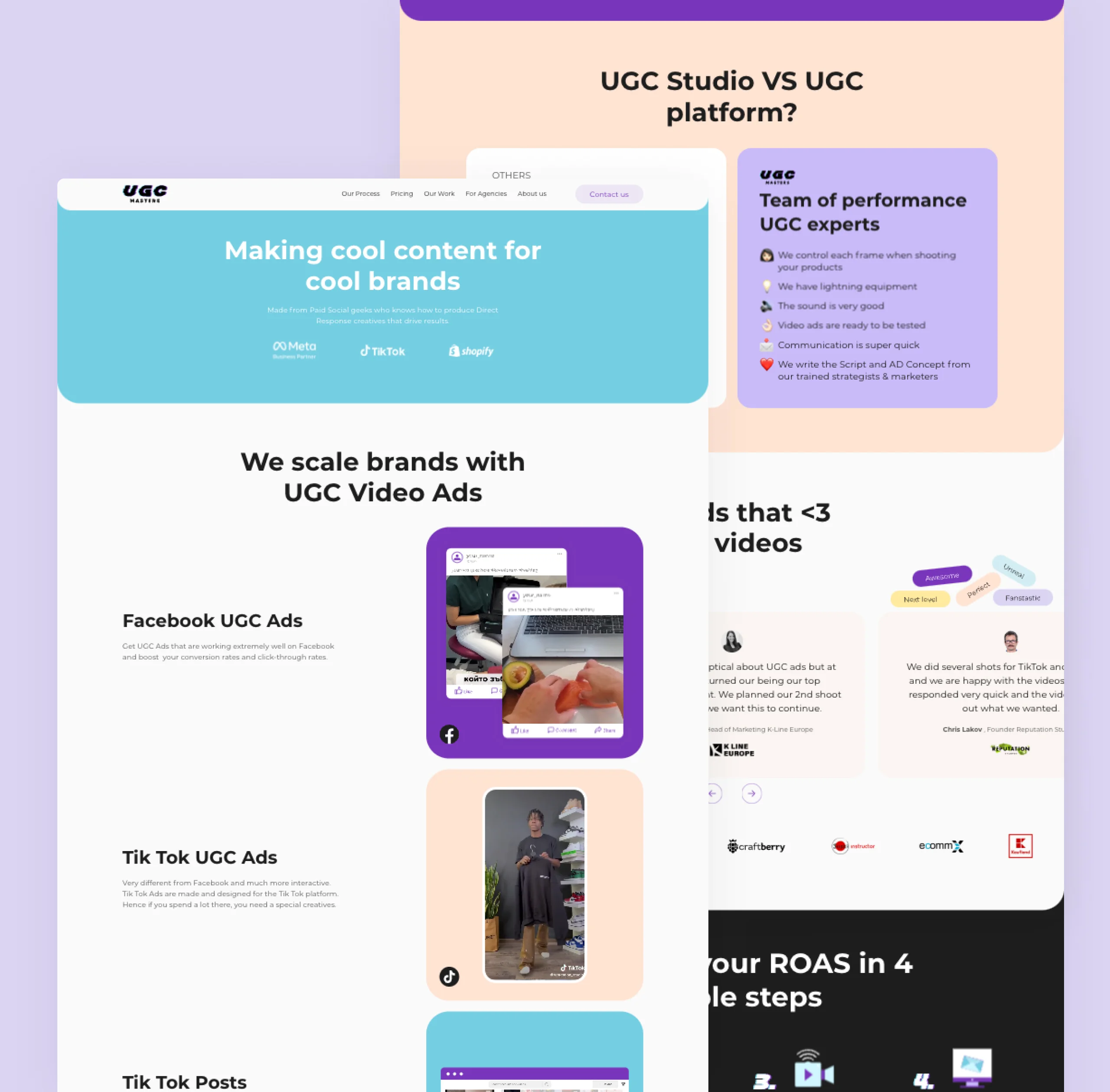 UGC Masters page designs with a cyan hero, Facebook and TikTok ad sections and a studio-versus-platform comparison