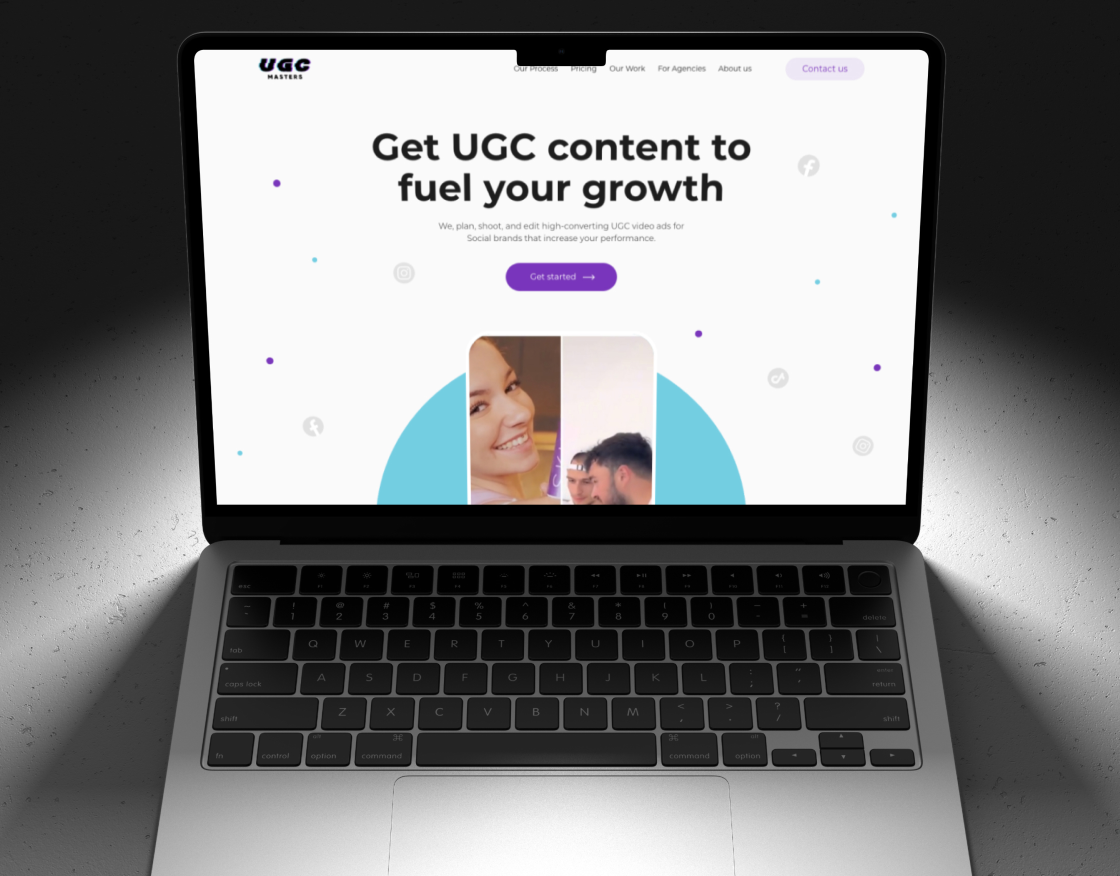 UGC Masters homepage on a laptop under a spotlight, with the growth headline and rounded creator video tiles