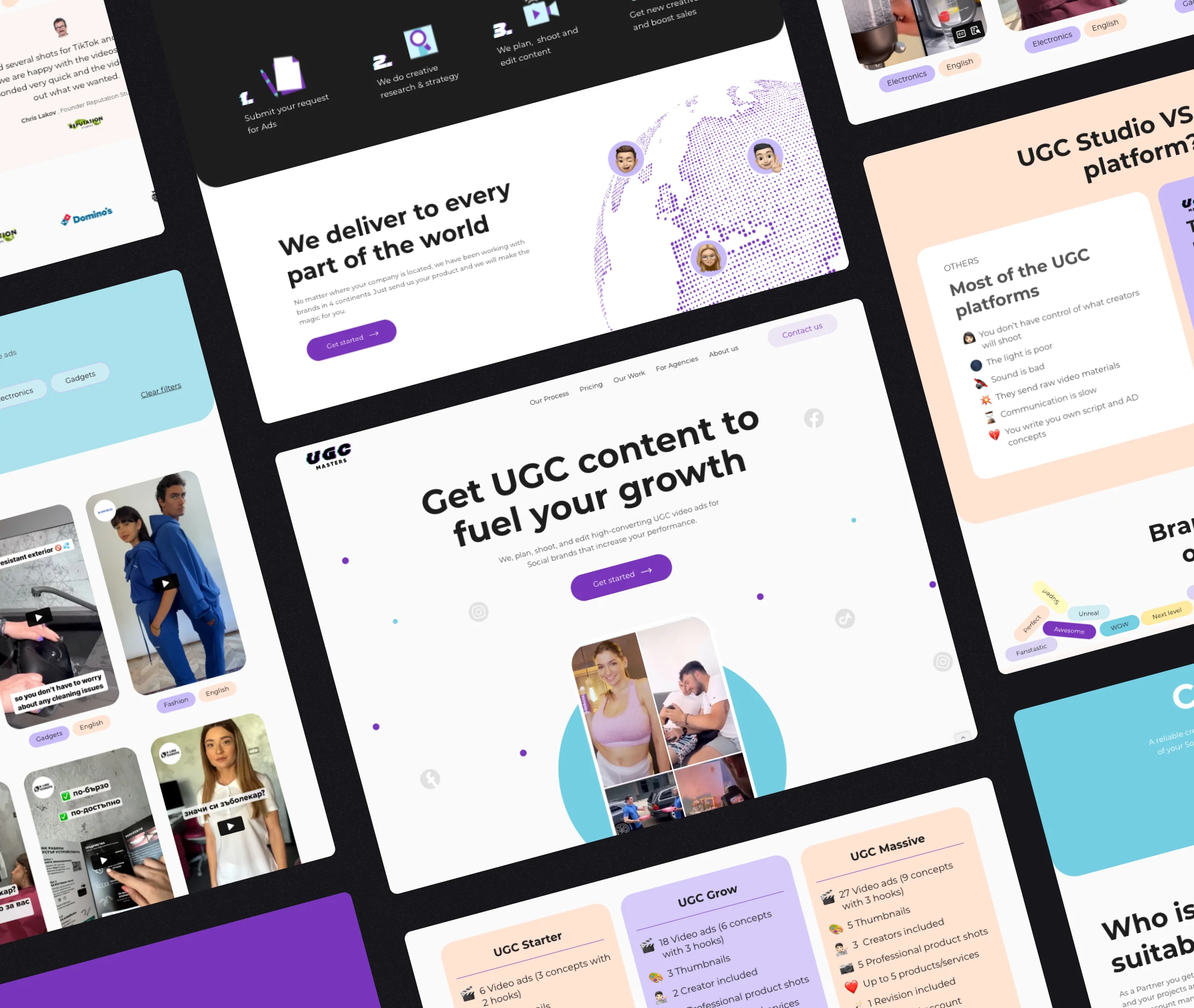 Tilted grid of UGC Masters website screens covering the homepage, work gallery, global delivery map and pricing tiers