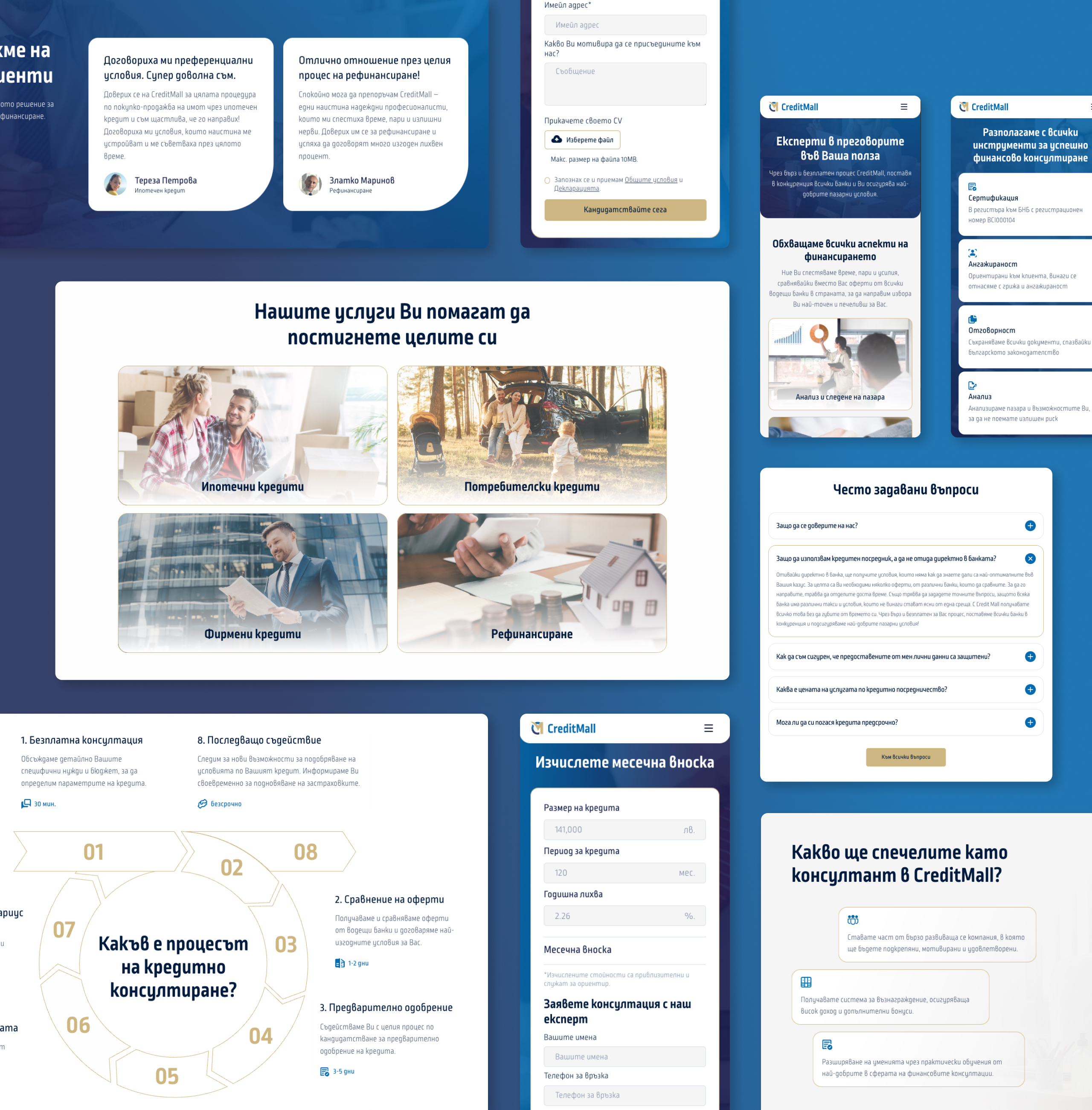CreditMall page sections with testimonials, a services grid, an FAQ accordion and a circular eight-step process diagram