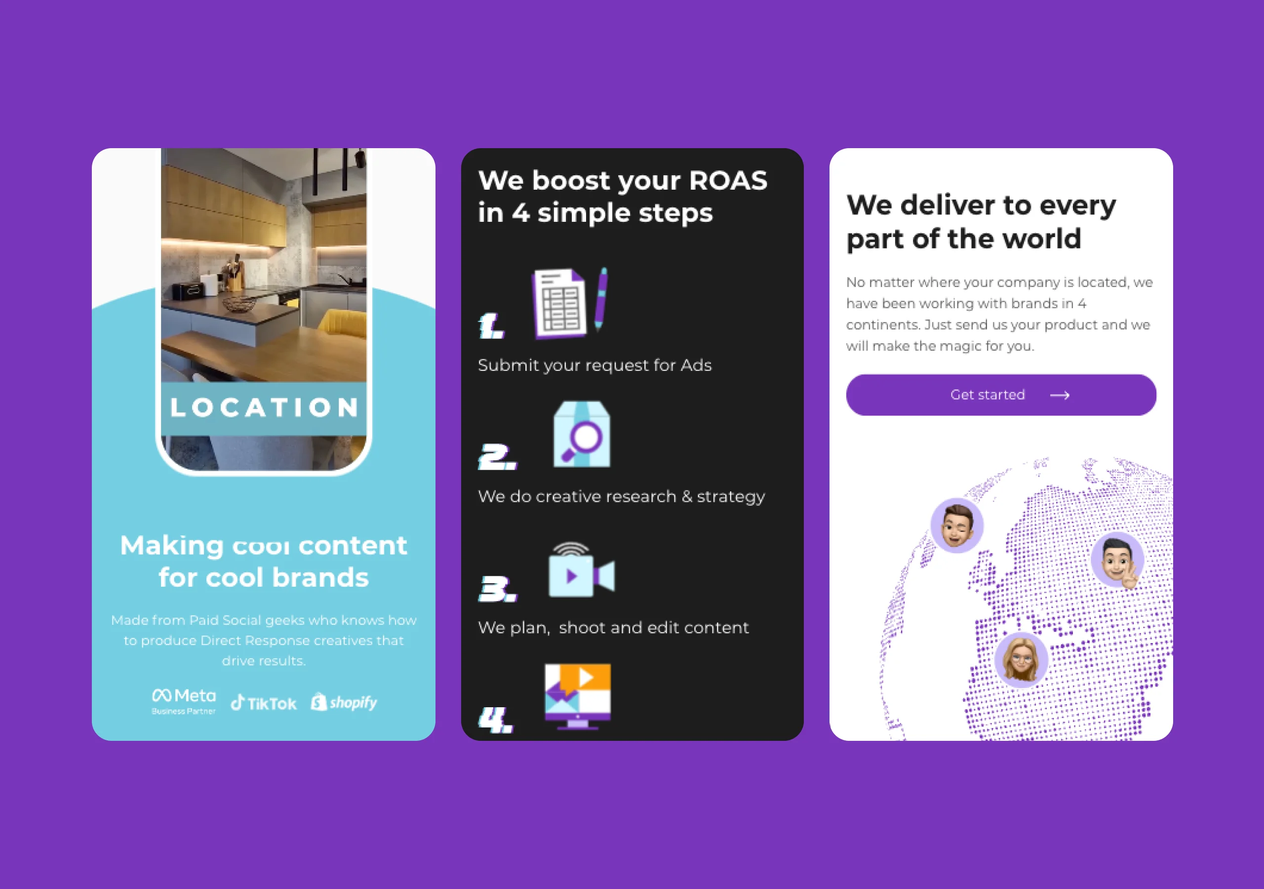 Three UGC Masters mobile screens showing the hero, a four-step ROAS process and the global delivery section
