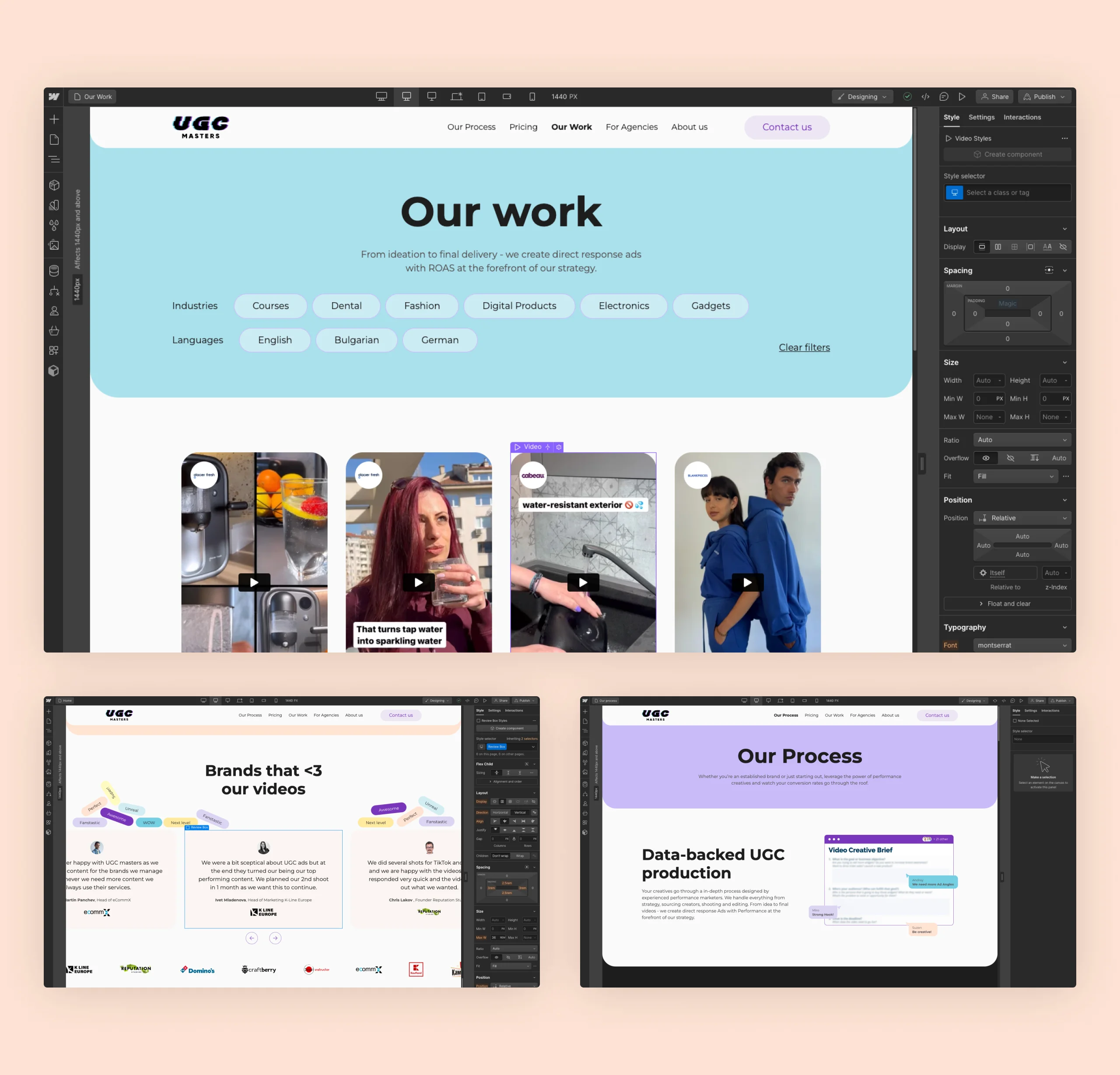 UGC Masters Our Work page open in the Webflow Designer with the Style panel, plus two further Designer screens