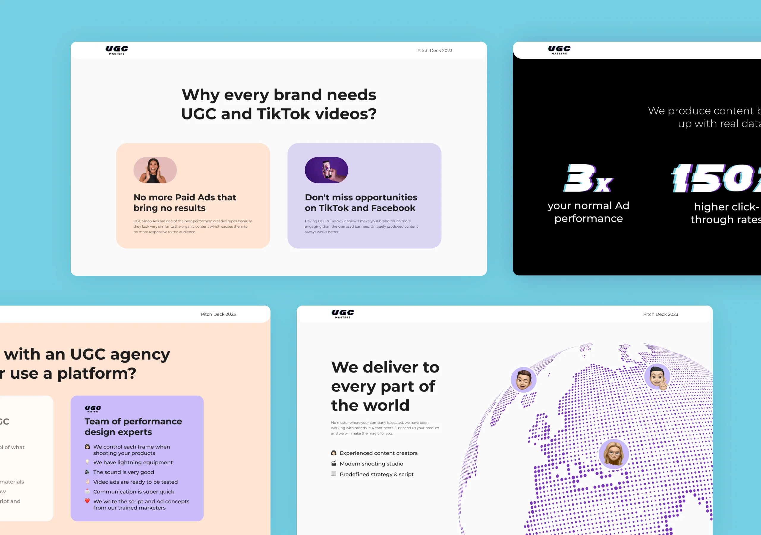 UGC Masters pitch deck slides on cyan covering why brands need UGC, performance figures and global delivery