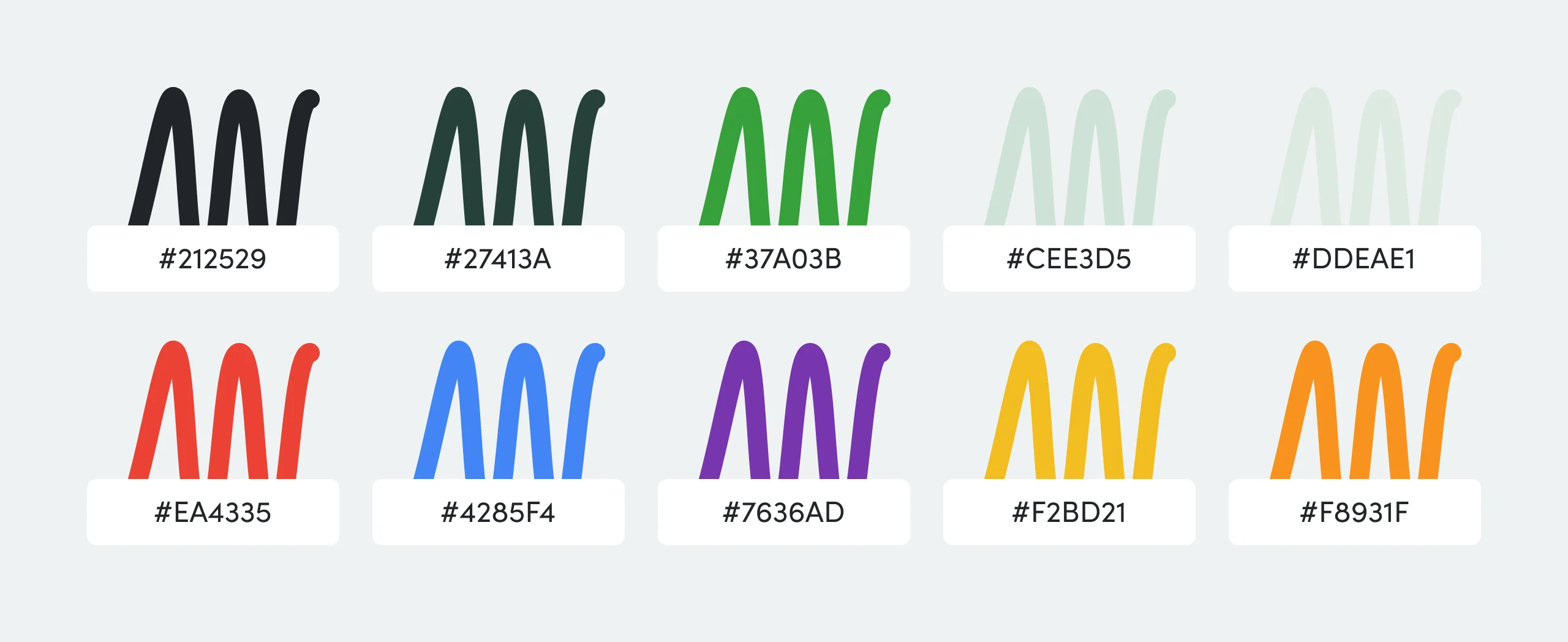 Fit Panther colour palette of ten swatches shaped like the brand squiggle, each labelled with its hex value