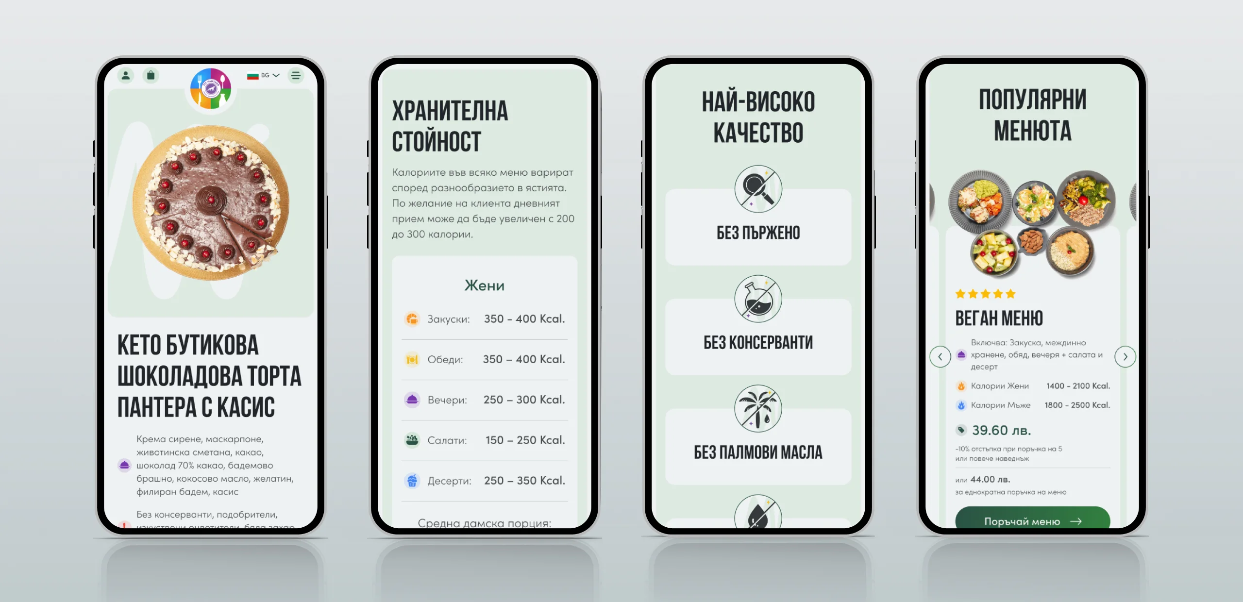 Four Fit Panther phone mockups showing a cake product page, nutrition table, quality badges and popular menu cards