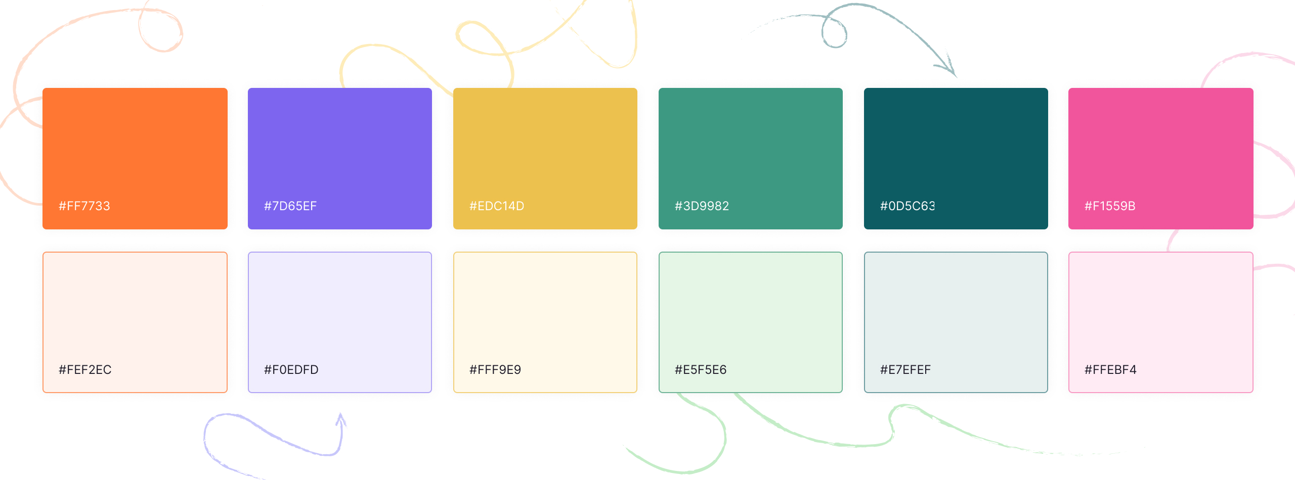Hypergen colour palette of twelve swatches with hex values, from bright orange and purple to soft pastel tints