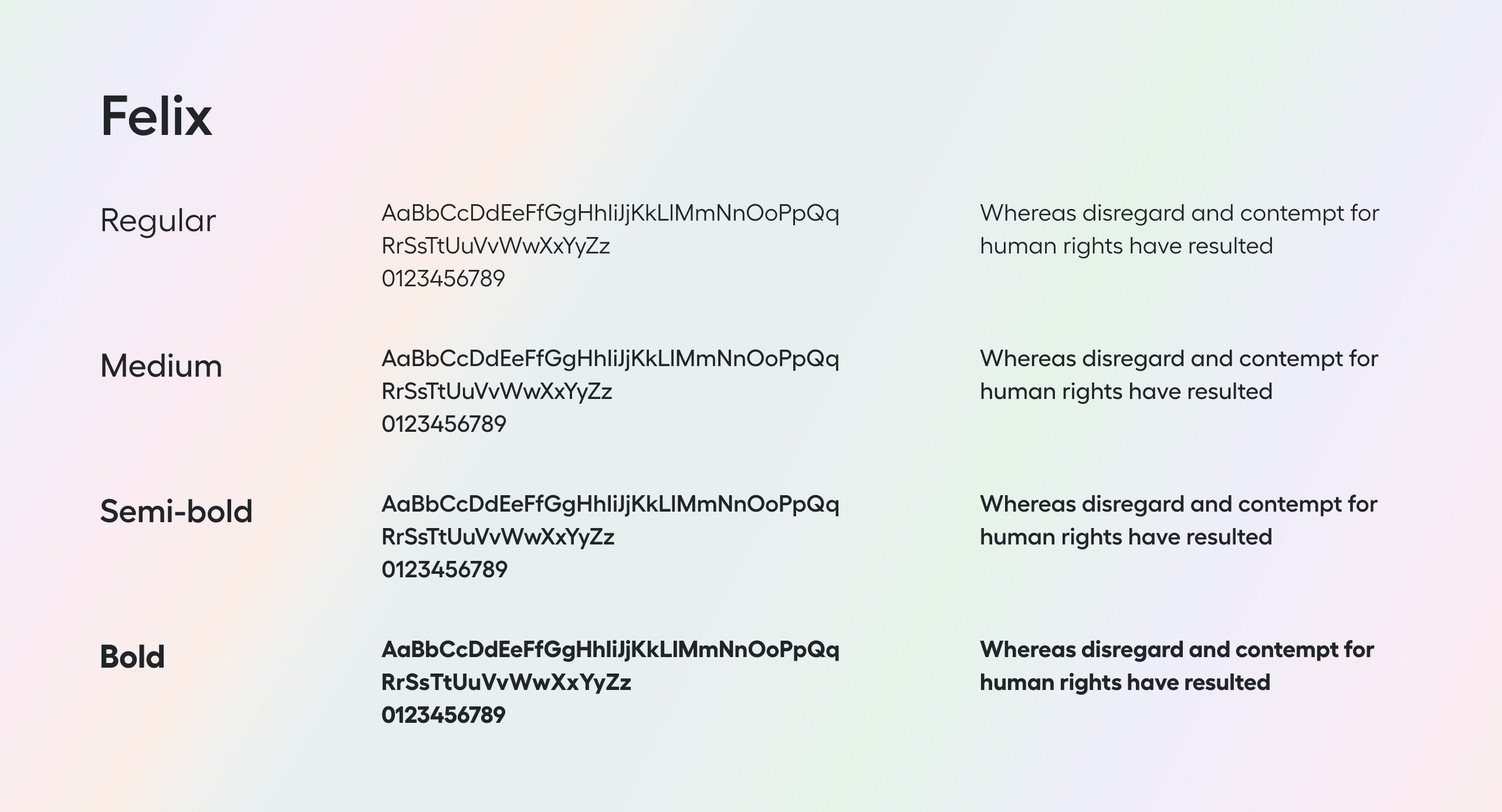 Hypergen brand typography sheet showing the Felix typeface in Regular, Medium, Semi-bold and Bold weights