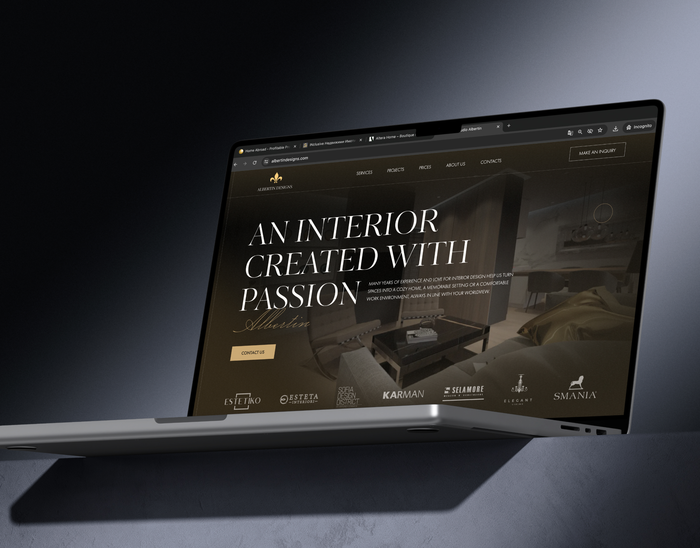 Albertin homepage on a laptop in a dark studio setting, with the interior design hero and partner brand logos