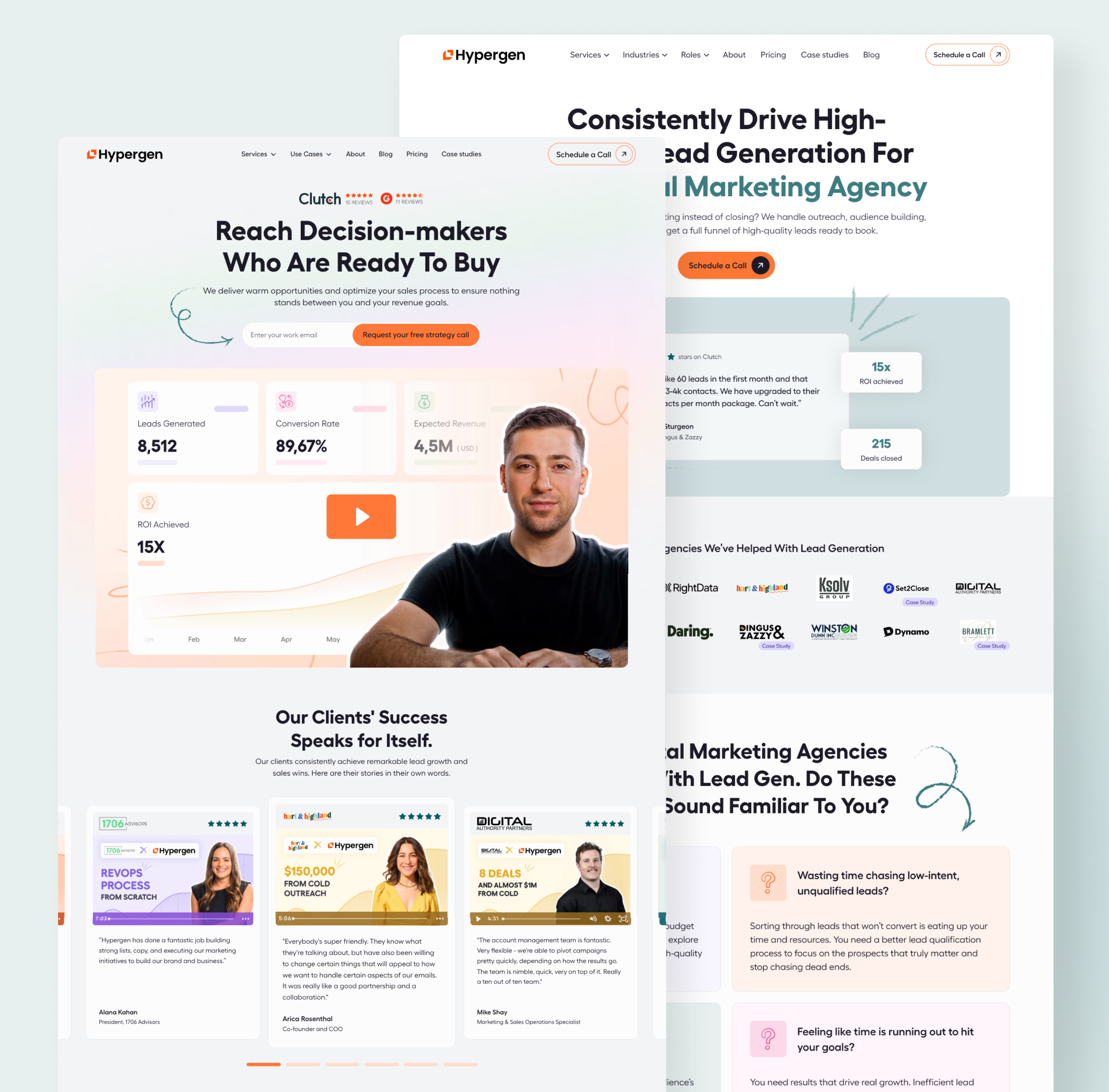 Hypergen desktop homepage designs layered over each other, showing the hero, metric cards and video testimonial row