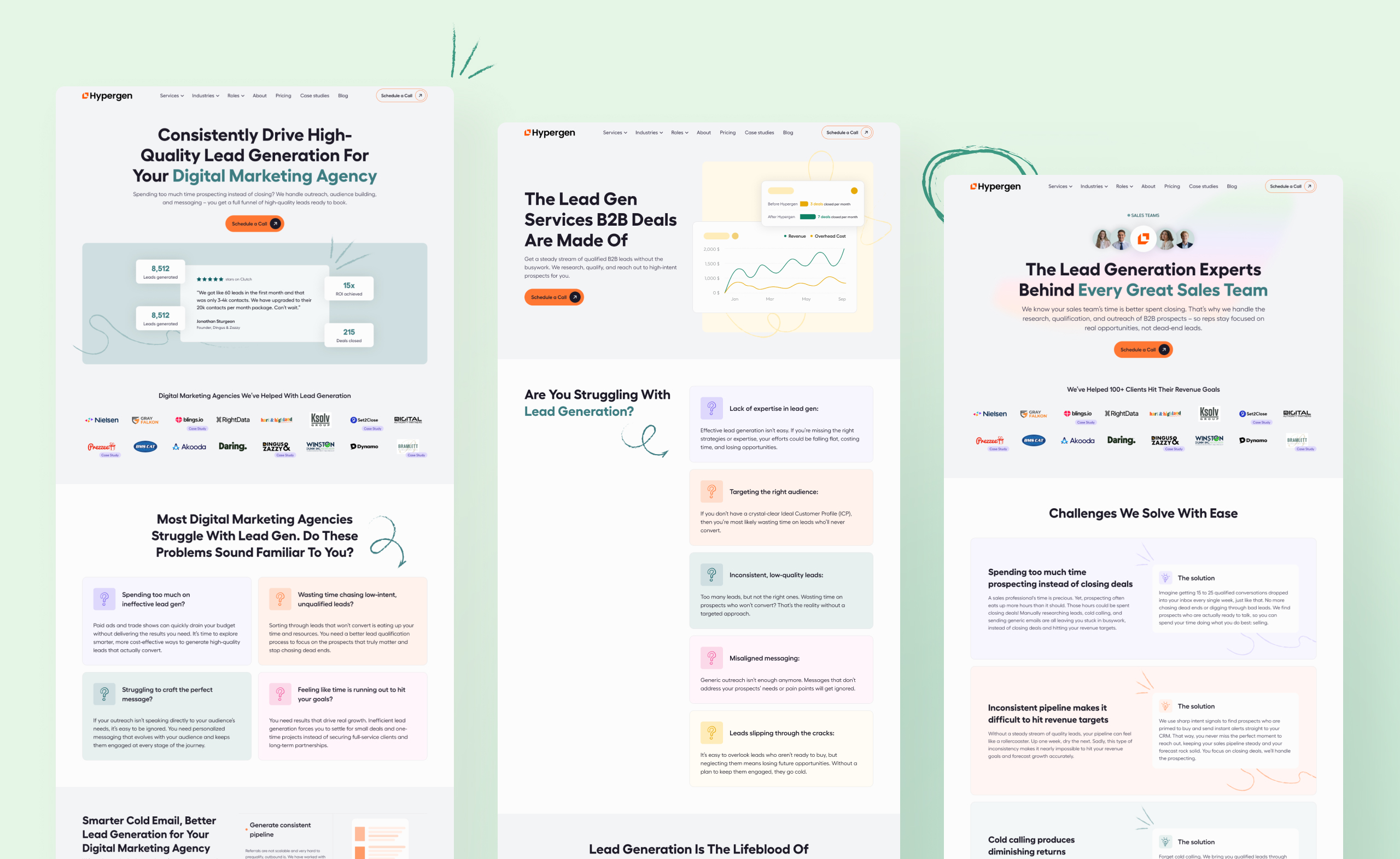 Three full-length Hypergen desktop page designs side by side, each with a hero, client logo row and card sections
