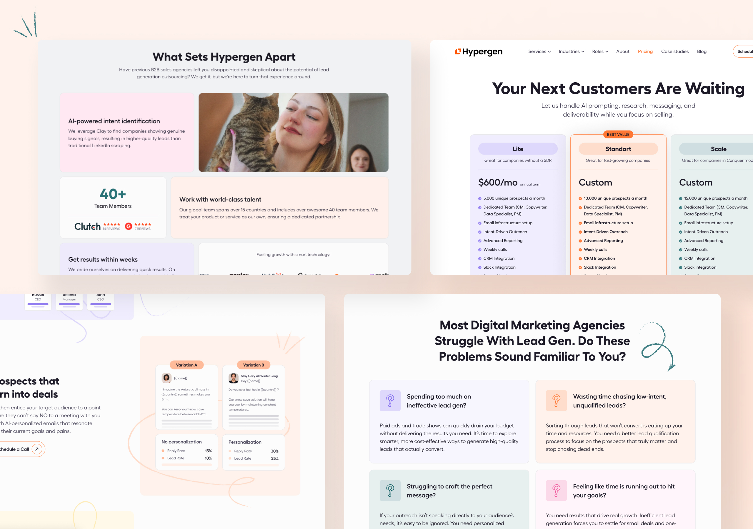 Hypergen desktop page sections including the pricing tier table, A/B test cards and a problem-statement card grid
