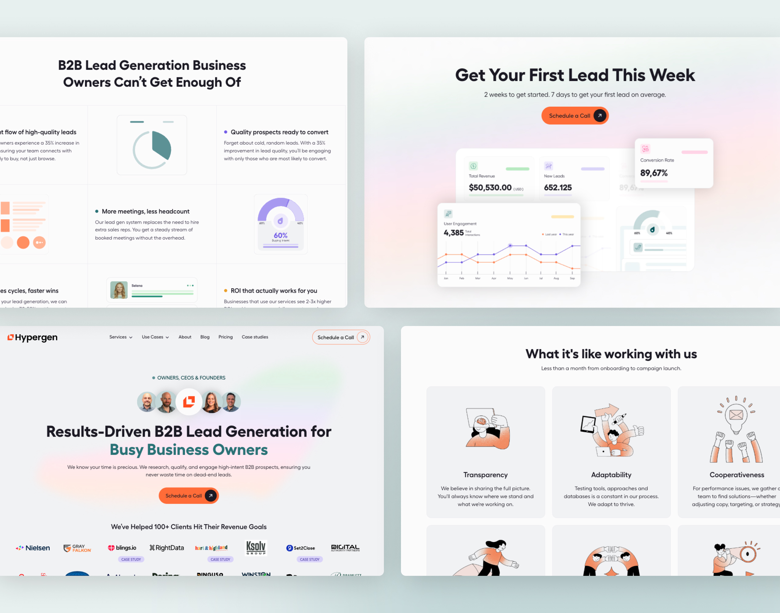 Hypergen page sections with donut-chart benefit cards, a dashboard-led hero and illustrated company values cards