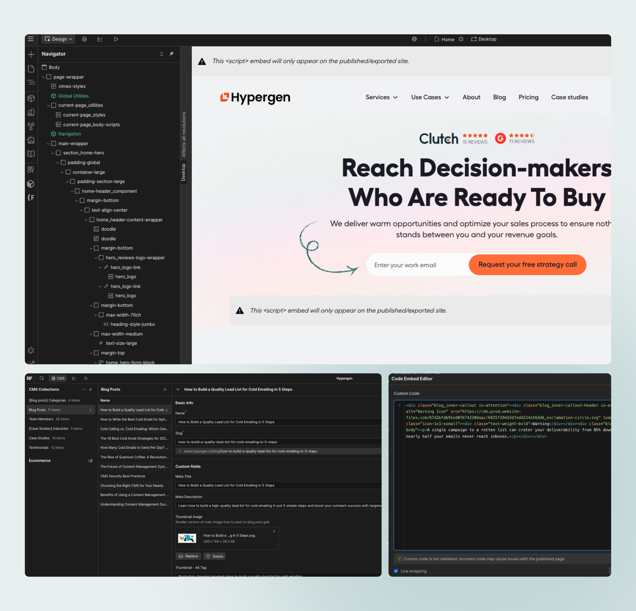 Hypergen built in the Webflow Designer, with the Navigator layer tree, CMS blog collection editor and code embed panel