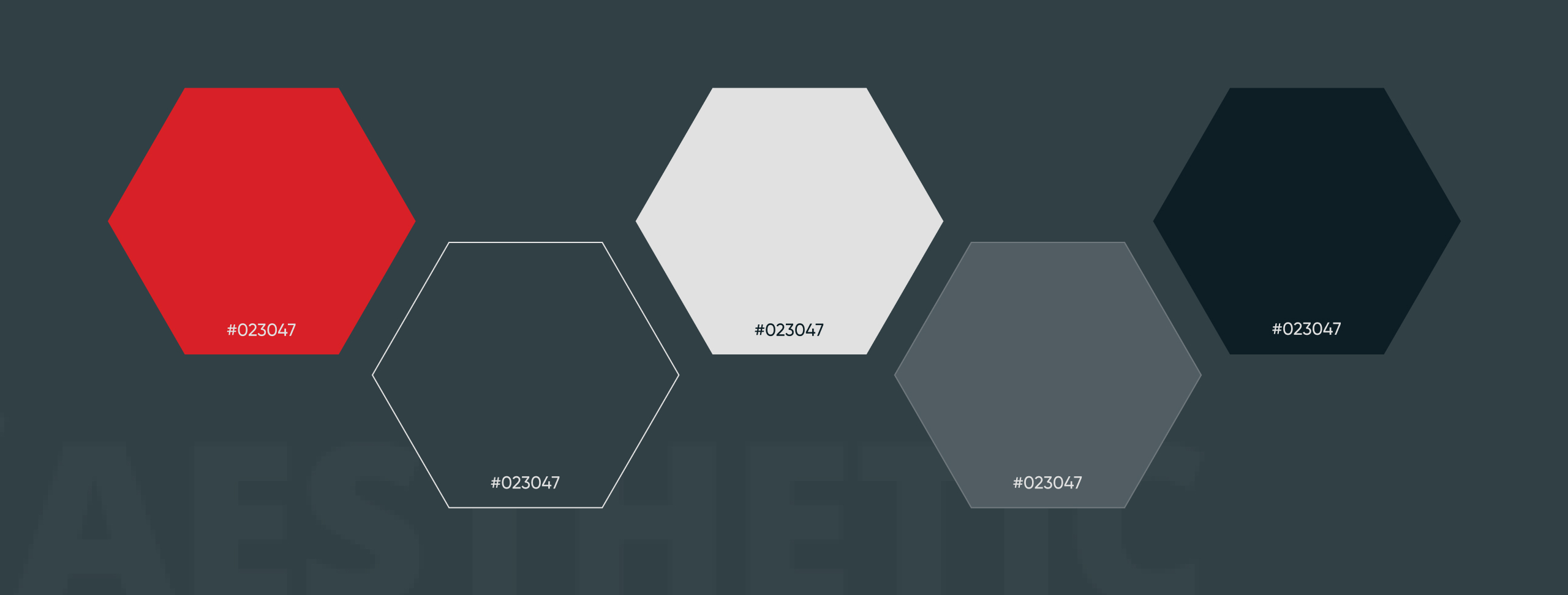 Aesthetic by Science colour palette shown as hexagonal swatches in red, white, grey and near-black on dark slate