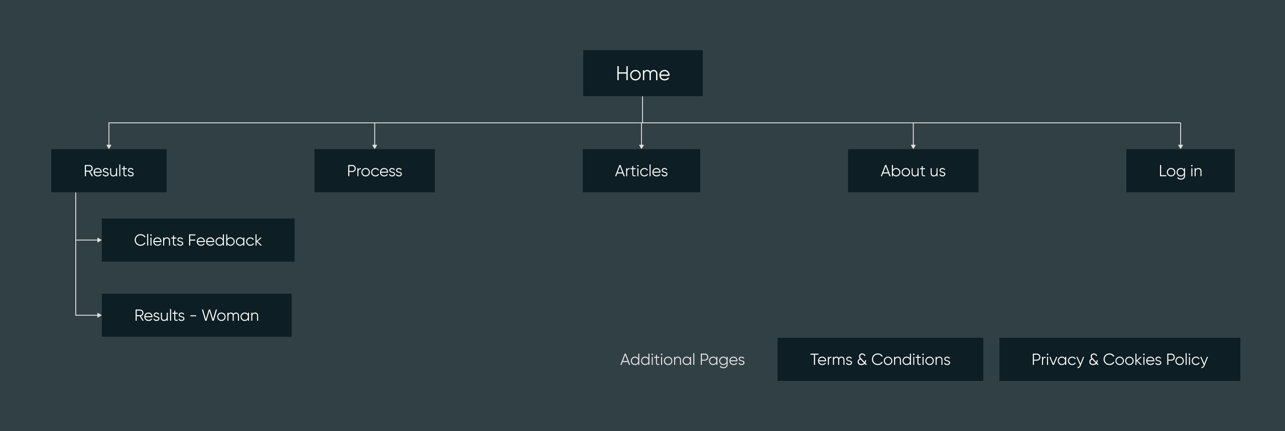 Aesthetic by Science sitemap with Home branching into Results, Process, Articles, About us and a client log-in
