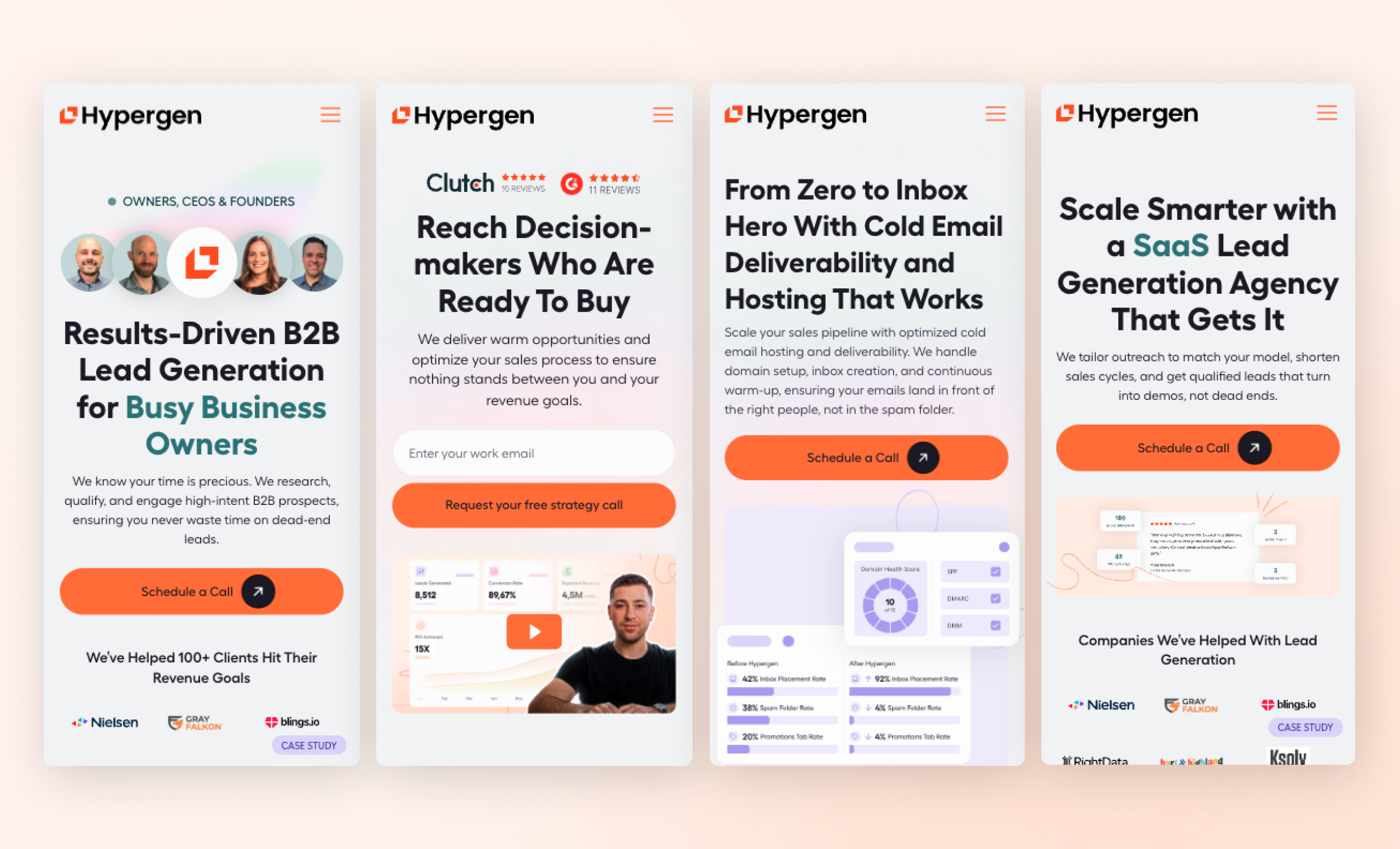 Four Hypergen mobile screens showing hero headlines, orange call-to-action buttons and client logo rows