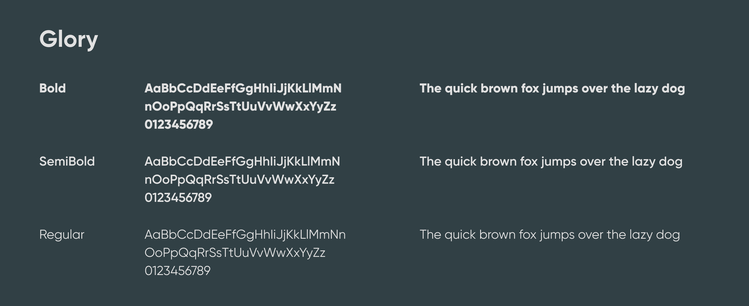 Aesthetic by Science typography sheet for the Glory typeface in Bold, SemiBold and Regular on a dark slate panel