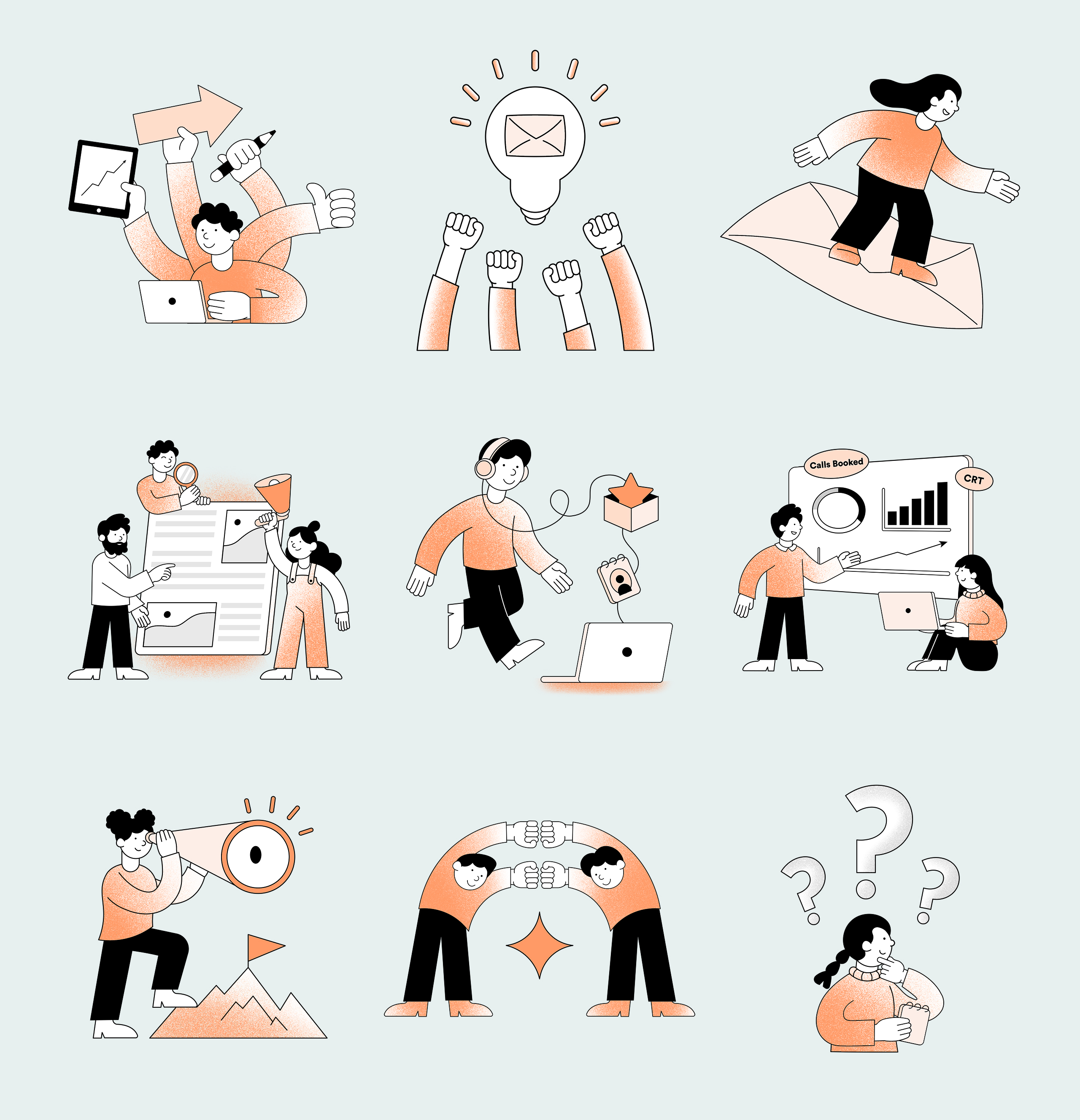 Nine custom Hypergen illustrations in orange and black showing people working, presenting and collaborating