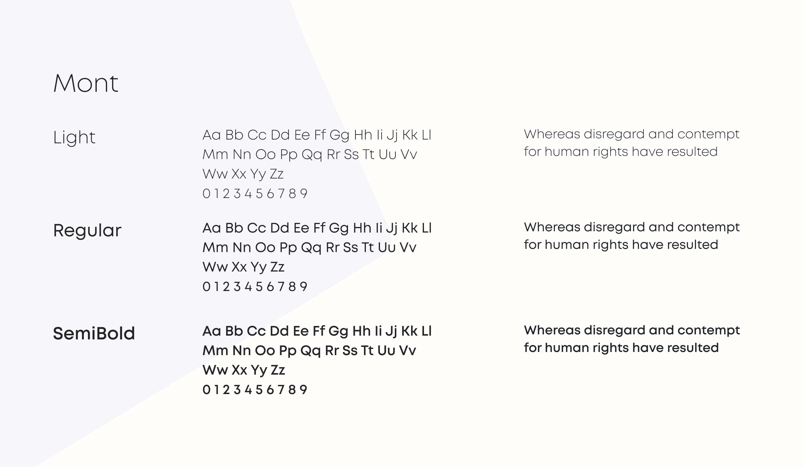 SKLAD.bg typography sheet for the Mont typeface in Light, Regular and SemiBold with alphabet and numerals