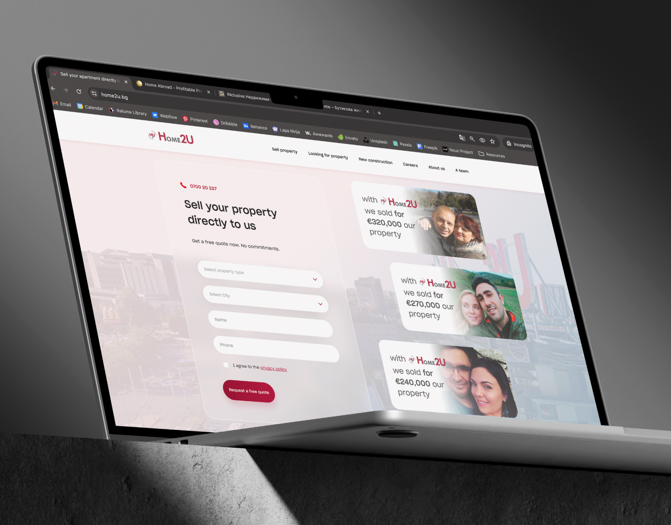 Home2U sell-your-property page on an angled laptop mockup, with a quote form and client sale testimonial cards