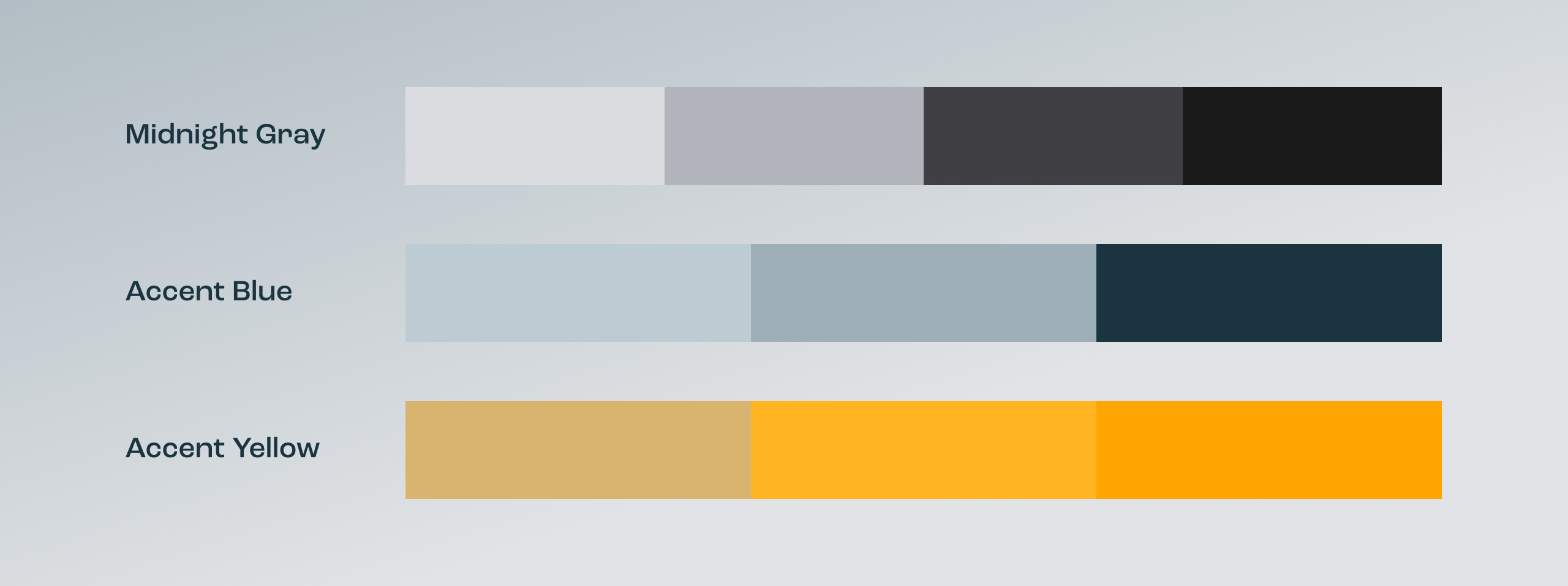 Armatec colour palette bars labelled Midnight Gray, Accent Blue and Accent Yellow with light-to-dark tints