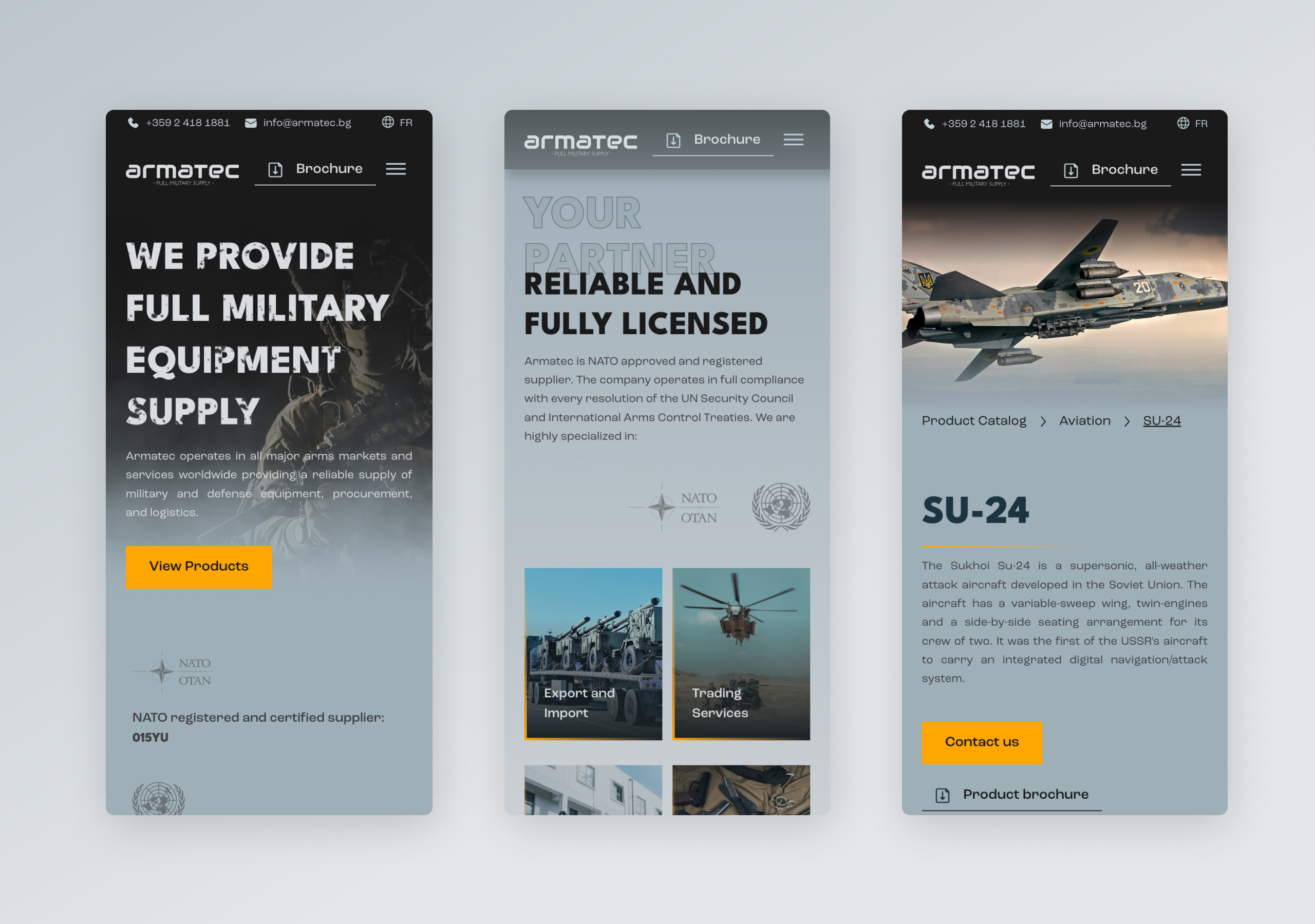 Three Armatec mobile screens: the hero page, the licensing section and an SU-24 aircraft product page