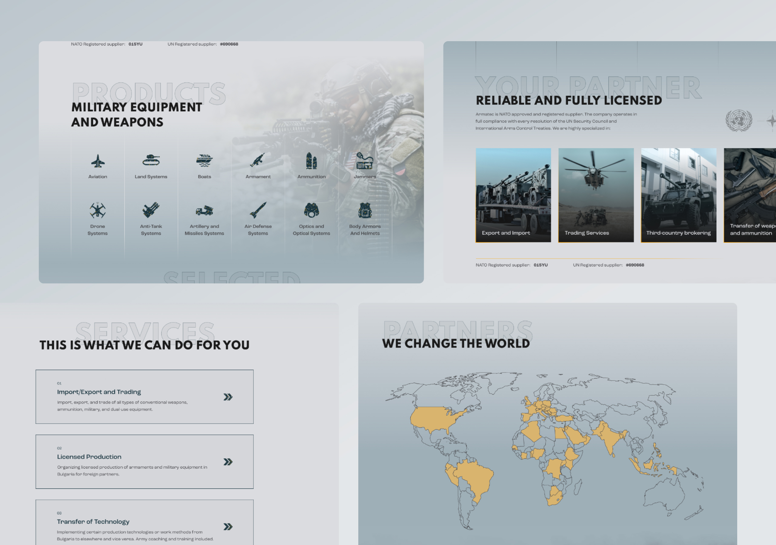 Four Armatec page sections in desktop design: product icon grid, licensing block, services list and partner world map