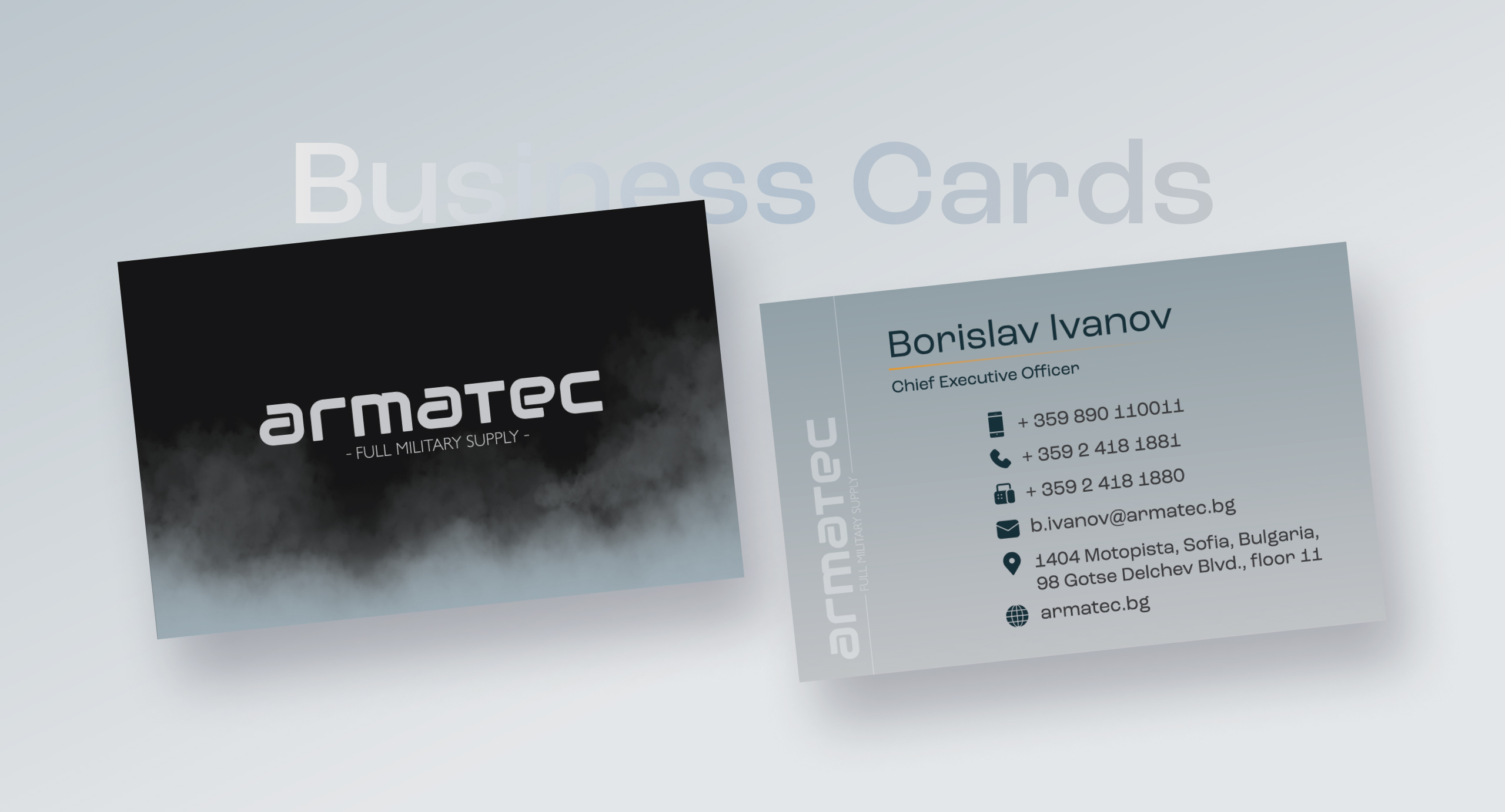 Armatec business cards, a black smoke-effect front with the logo and a grey back carrying the CEO contact details